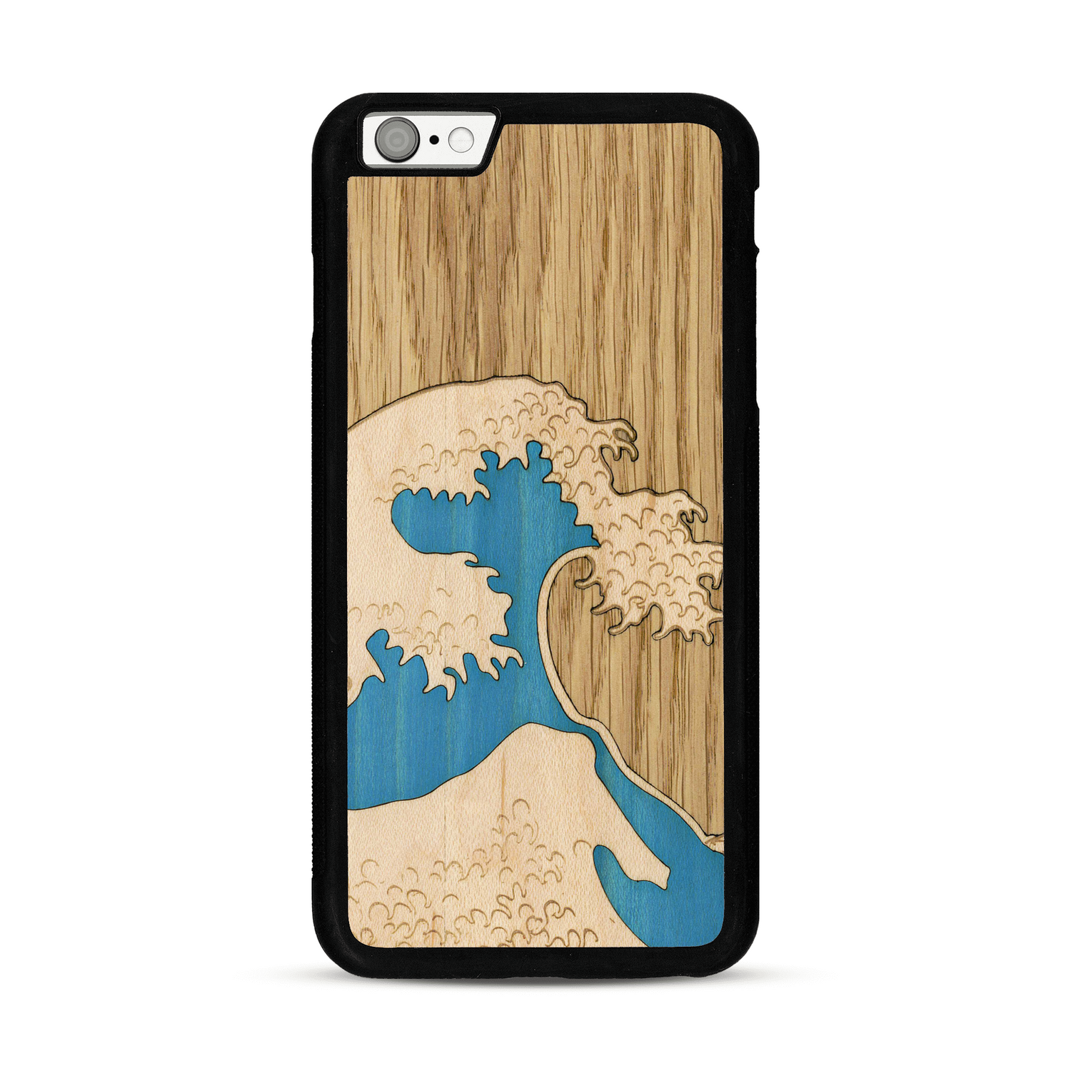 Coque de protection en bois véritable fabriquée en France pour  alliant plusieurs essences de bois pour représenter la célèbre grande vague de Kanagawa