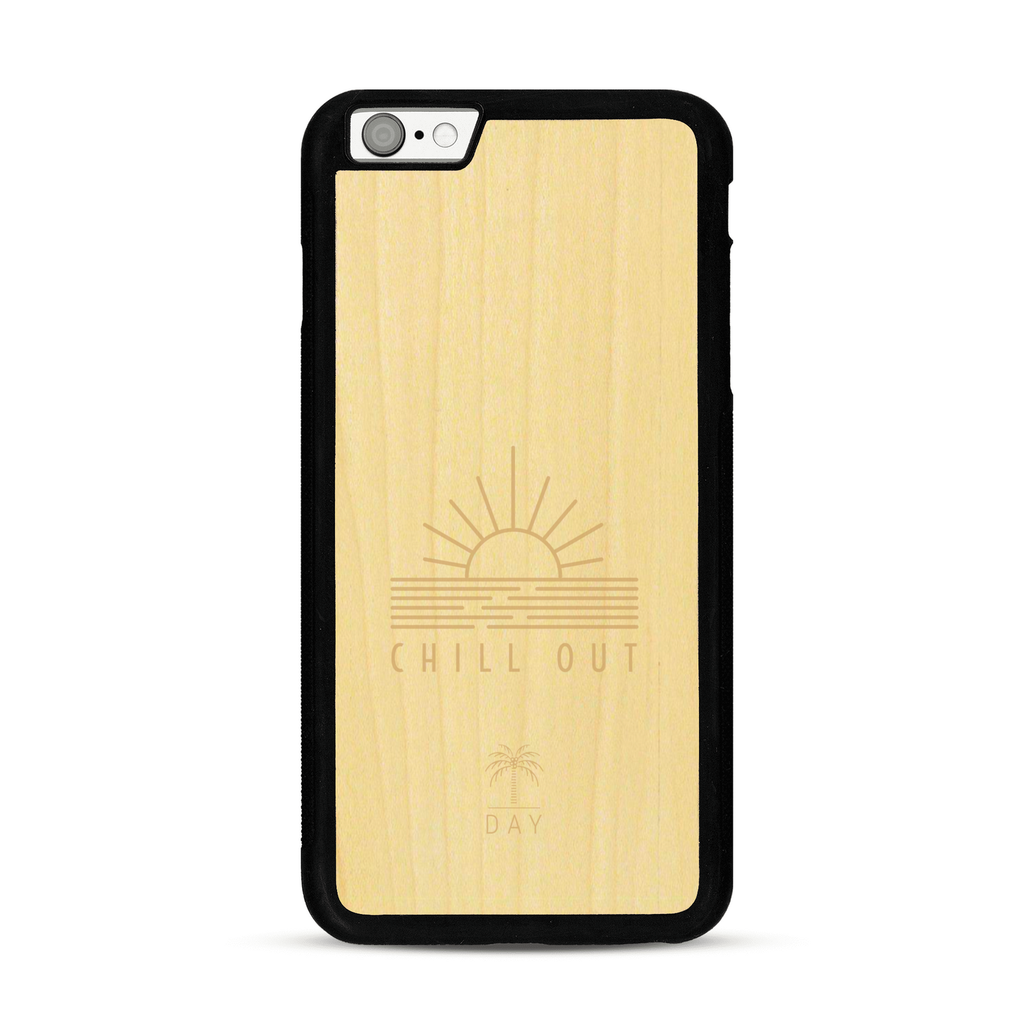 Coque de protection en bois véritable fabriquée en France pour  sur le thème chill avec un motif représentant un couché de soleil sur l'océan et la phrase "Chill out"