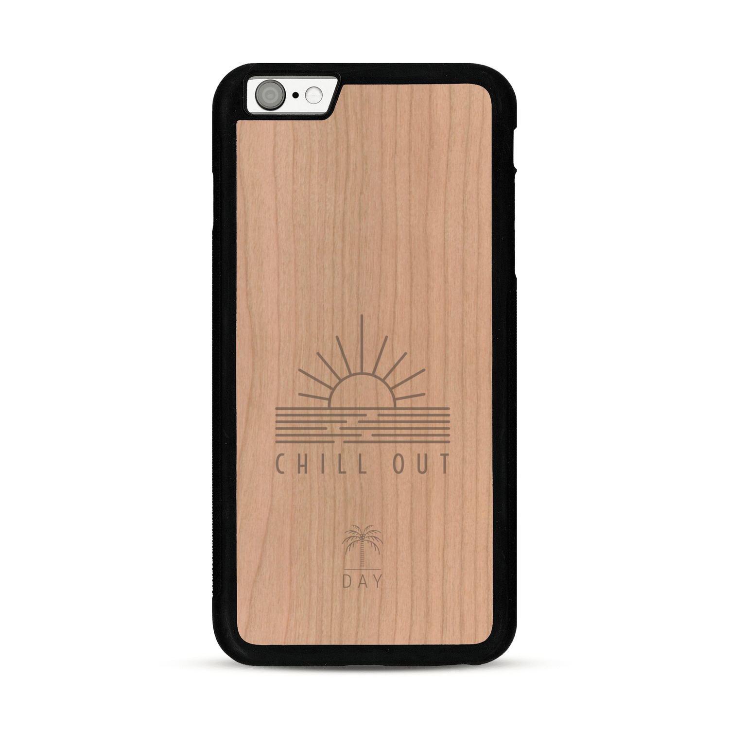 Coque de protection en bois véritable fabriquée en France pour  sur le thème chill avec un motif représentant un couché de soleil sur l'océan et la phrase "Chill out"