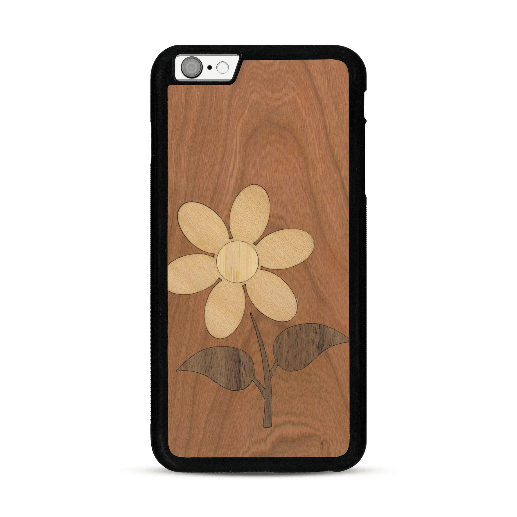 Coque de protection en bois véritable fabriquée en France pour  alliant plusieurs essences de bois pour représenter une marguerite