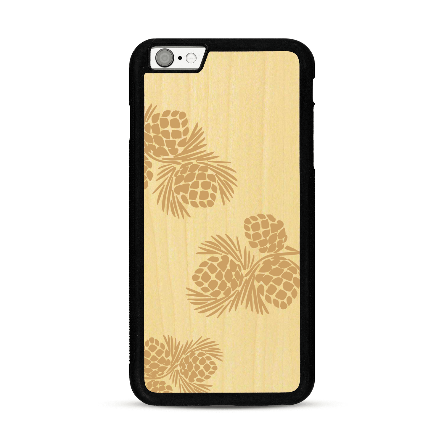 Coque de protection en bois véritable fabriquée en France pour  sur le thème de la nature des arbres avec un motif de gravure représentant des épines de sapin et des pommes de pin