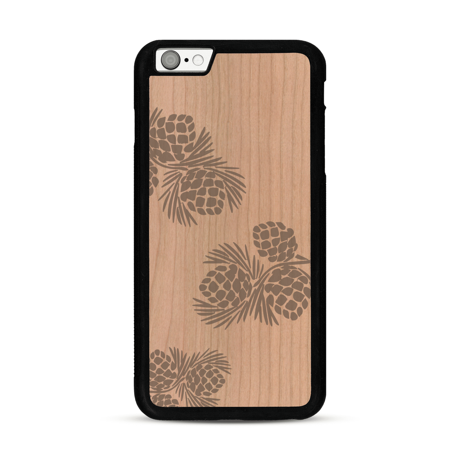 Coque de protection en bois véritable fabriquée en France pour  sur le thème de la nature des arbres avec un motif de gravure représentant des épines de sapin et des pommes de pin