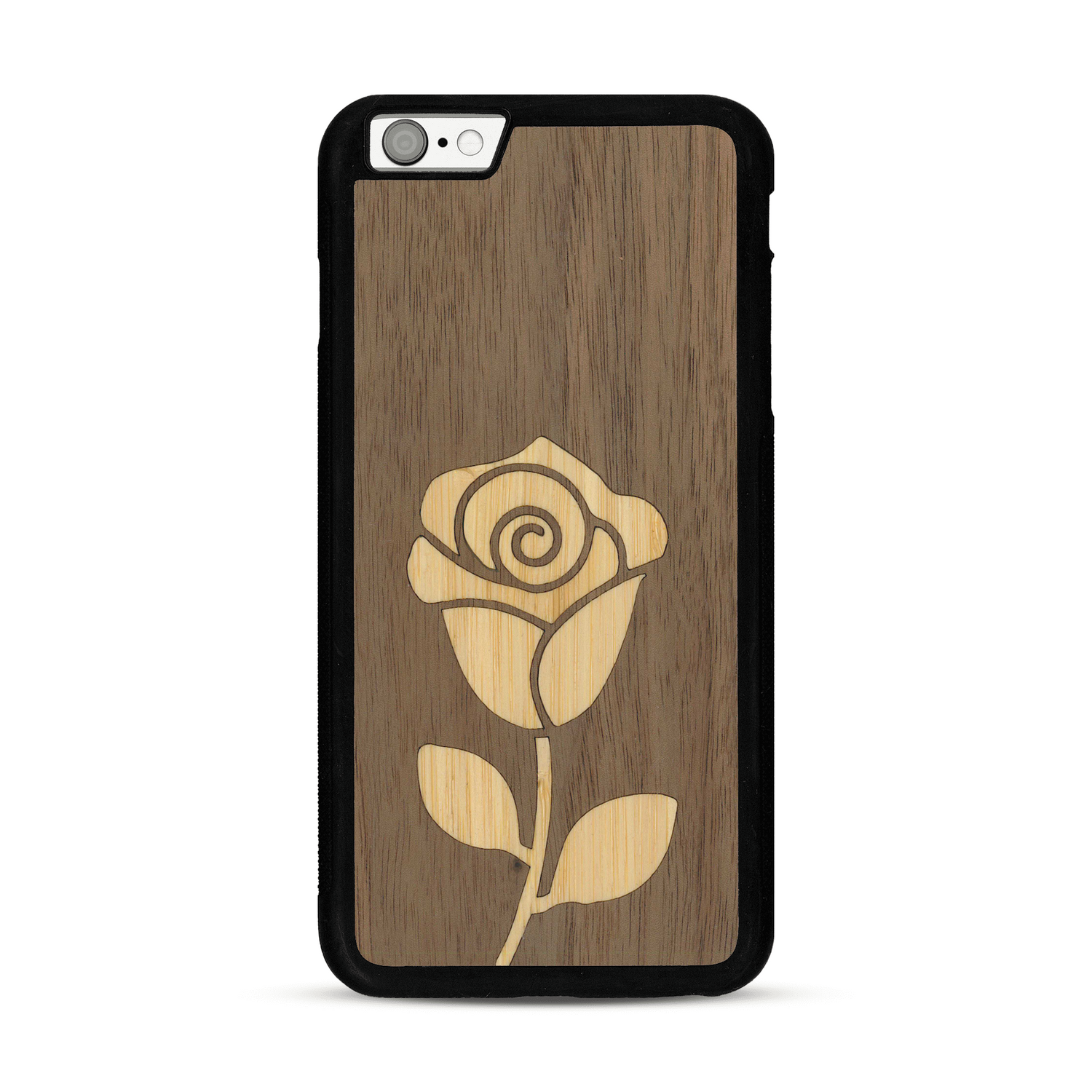 Coque de protection en bois véritable fabriquée en France pour  alliant plusieurs essences de bois pour représenter une rose