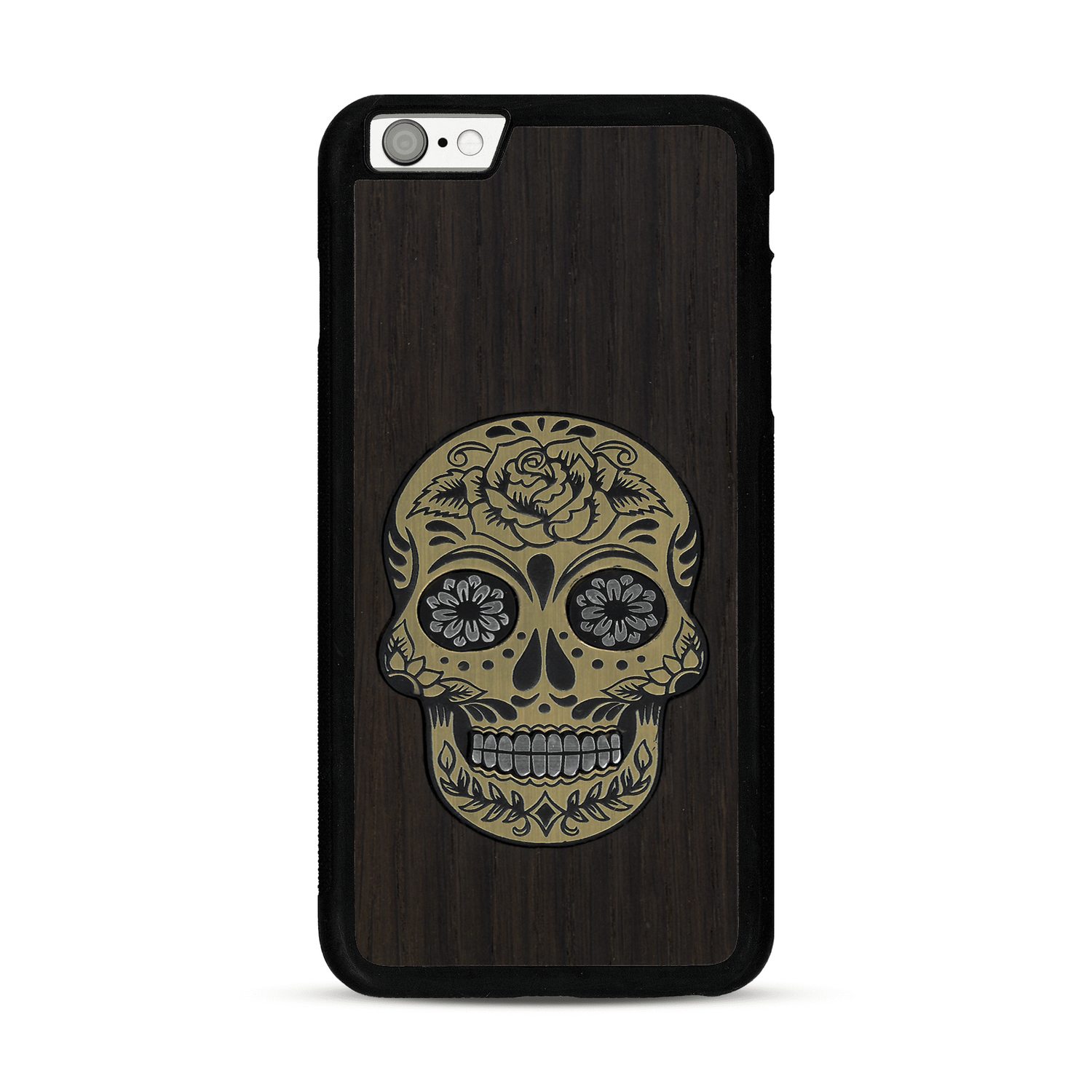 Coque de protection en bois véritable fabriquée en France pour  alliant du chêne fumé avec du métal argenté et doré représentant une tête de mort mexicaine sur le thème Dia de los Muertos