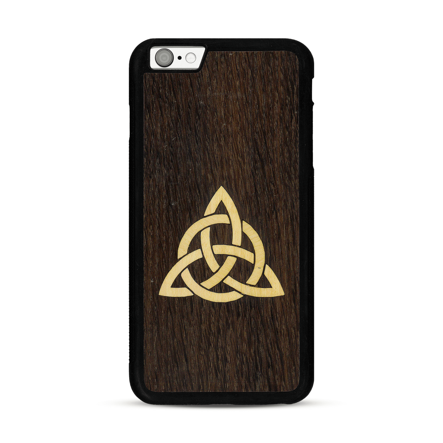 Coque de protection en bois véritable fabriquée en France pour  alliant du chêne fumé et du bambou représentant une triquetra