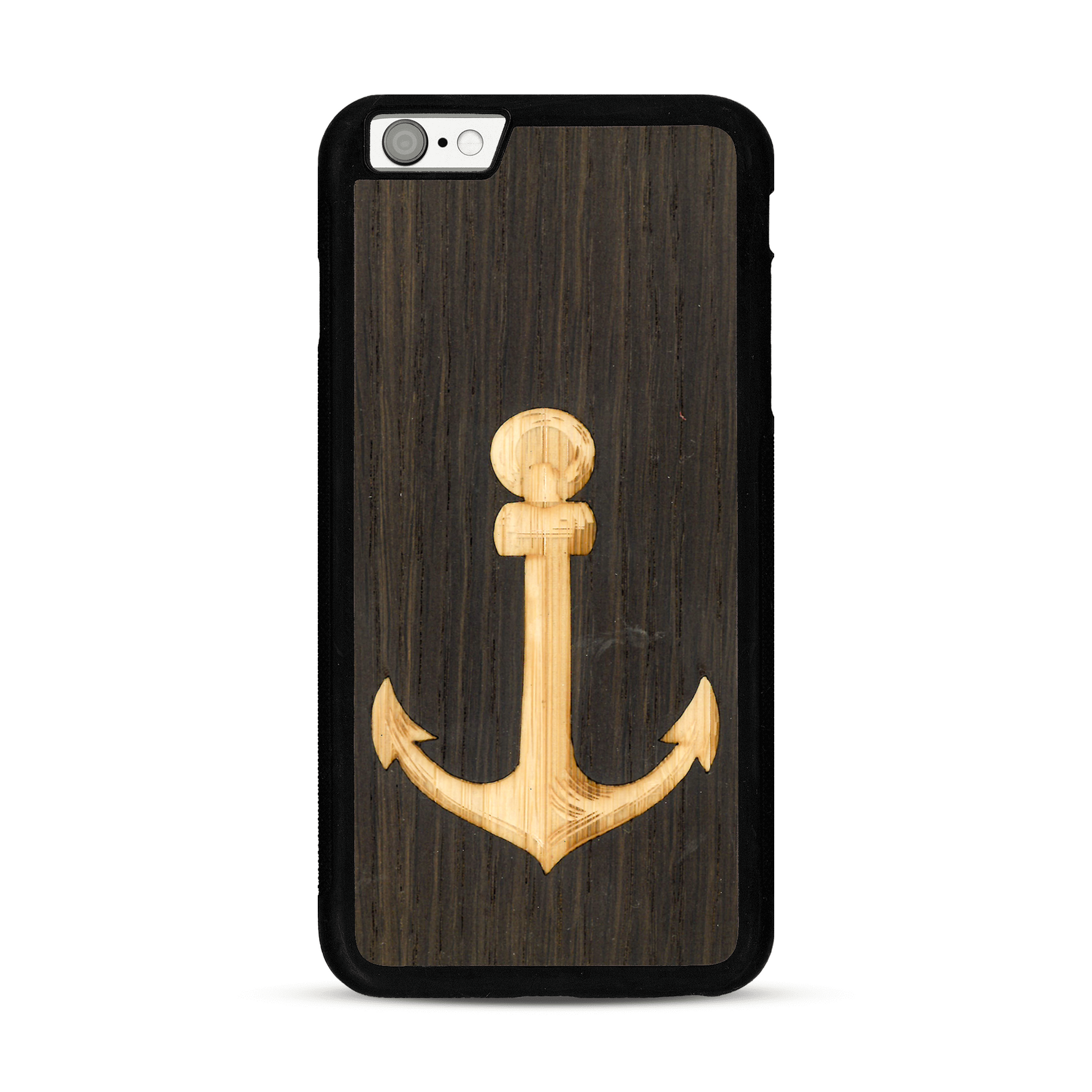 Coque de protection en bois véritable fabriquée en France pour  sur le thème nautique avec un bois clair et un bois foncé représentant une ancre de bateau
