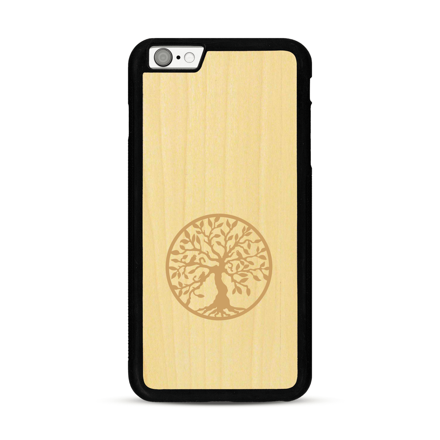 Coque de protection en bois véritable fabriquée en France pour  sur le thème de la spiritualité et du yoga avec une gravure zen représentant un arbre de vie
