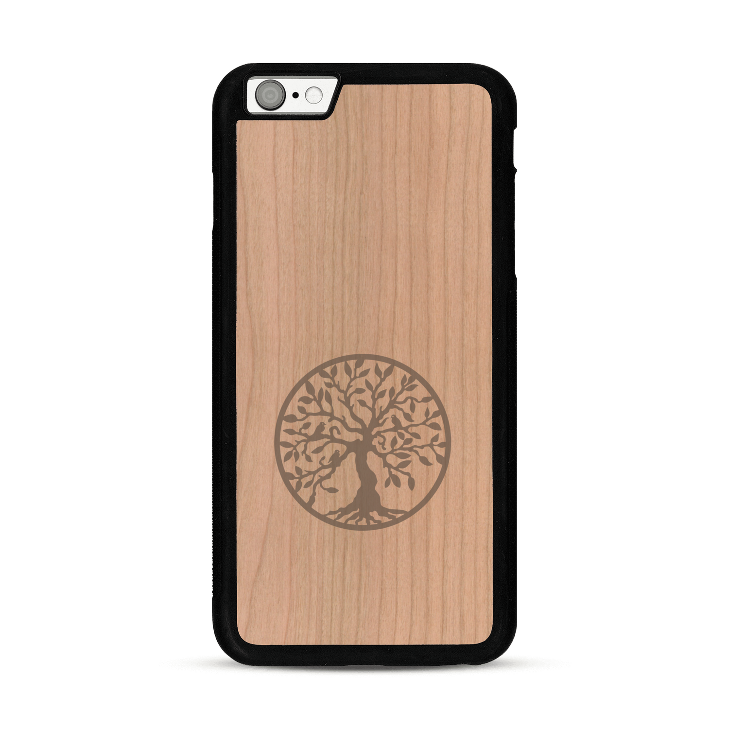 Coque de protection en bois véritable fabriquée en France pour  sur le thème de la spiritualité et du yoga avec une gravure zen représentant un arbre de vie