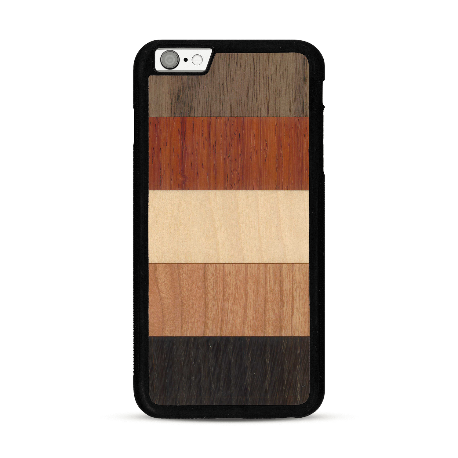 Coque de protection en bois véritable fabriquée en France pour  alliant des bandes horizontales de bambou, merisier, padouk, noyer et chêne fumé