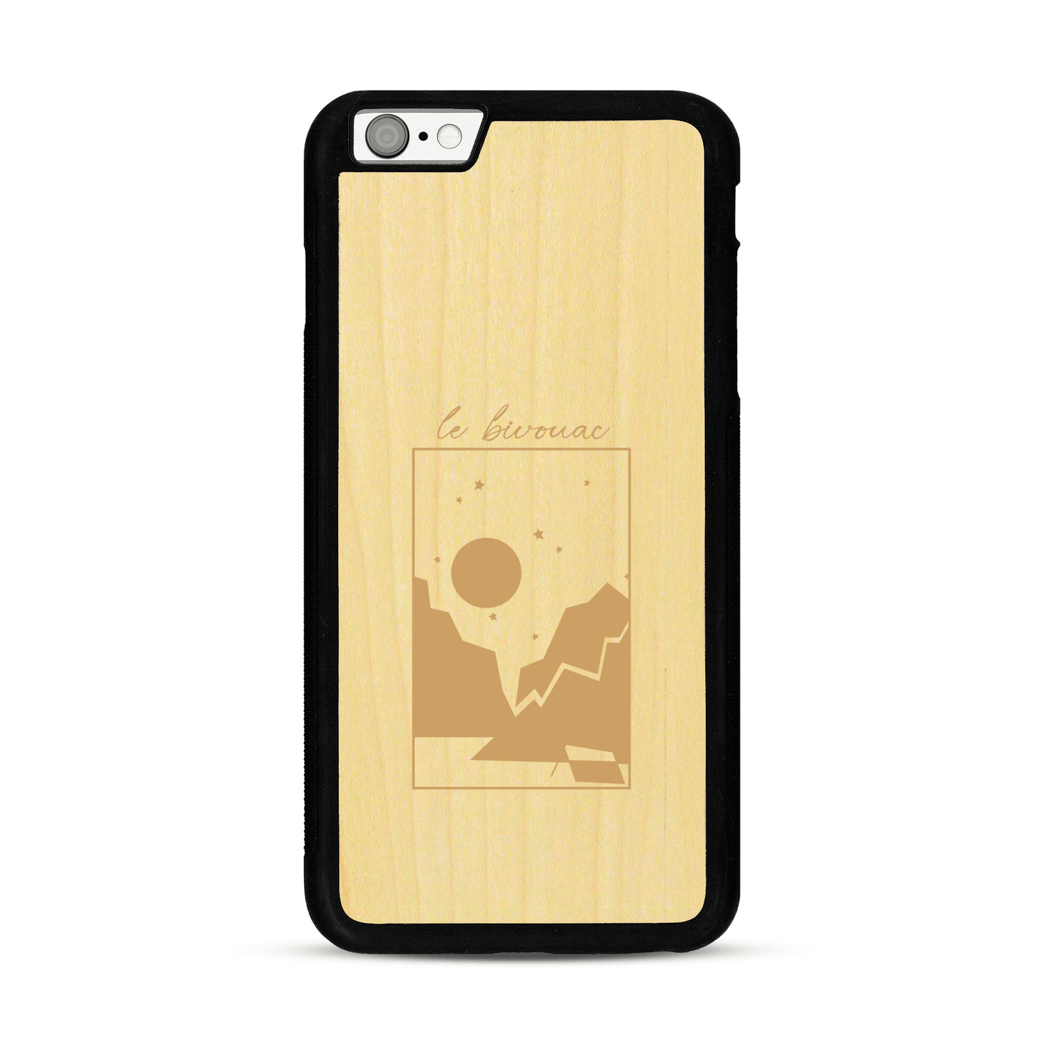 Coque de protection en bois véritable fabriquée en France pour  sur le thème du camping en pleine nature et du bivouac avec la phrase "Aventure is out there"