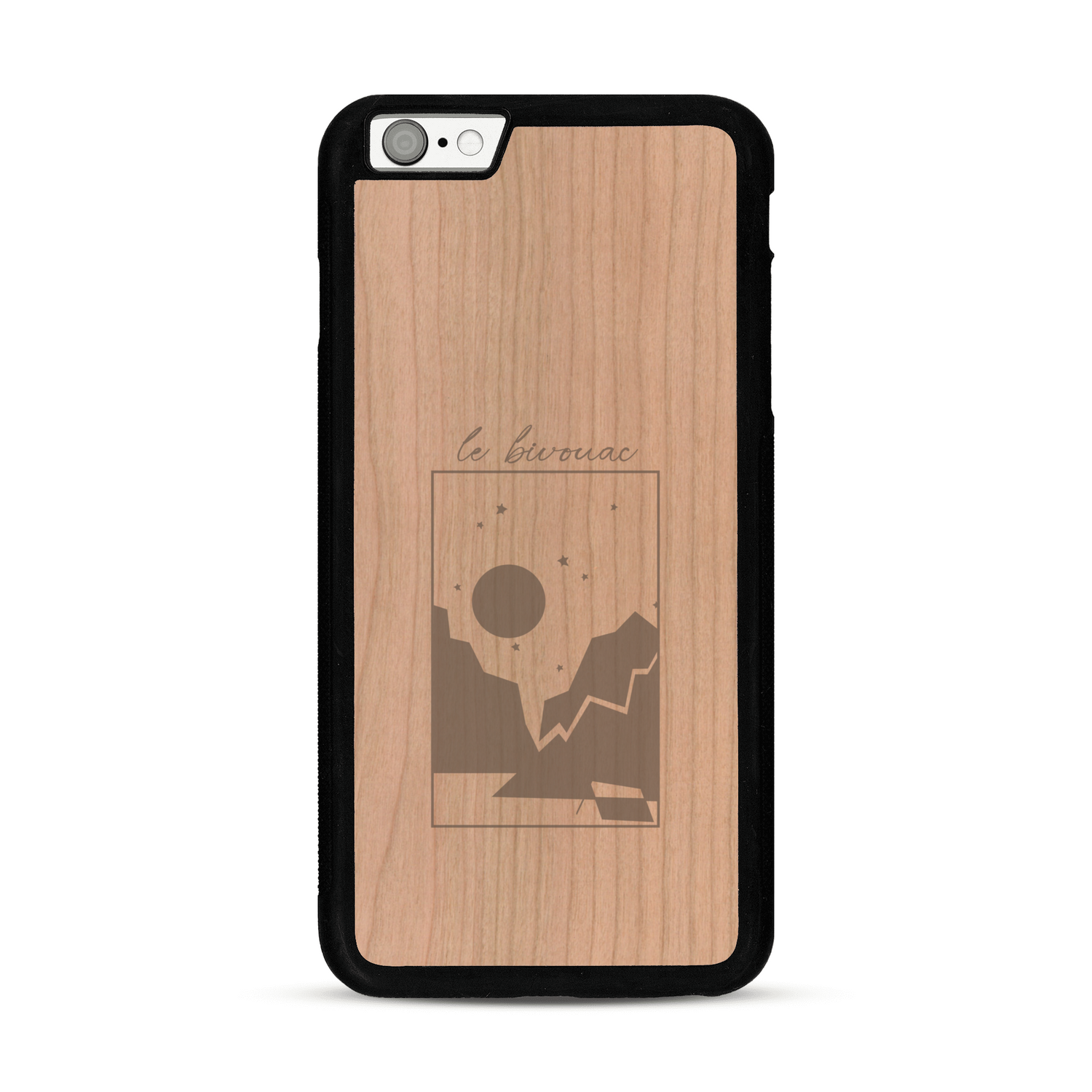 Coque de protection en bois véritable fabriquée en France pour  sur le thème du camping en pleine nature et du bivouac avec la phrase "Aventure is out there"