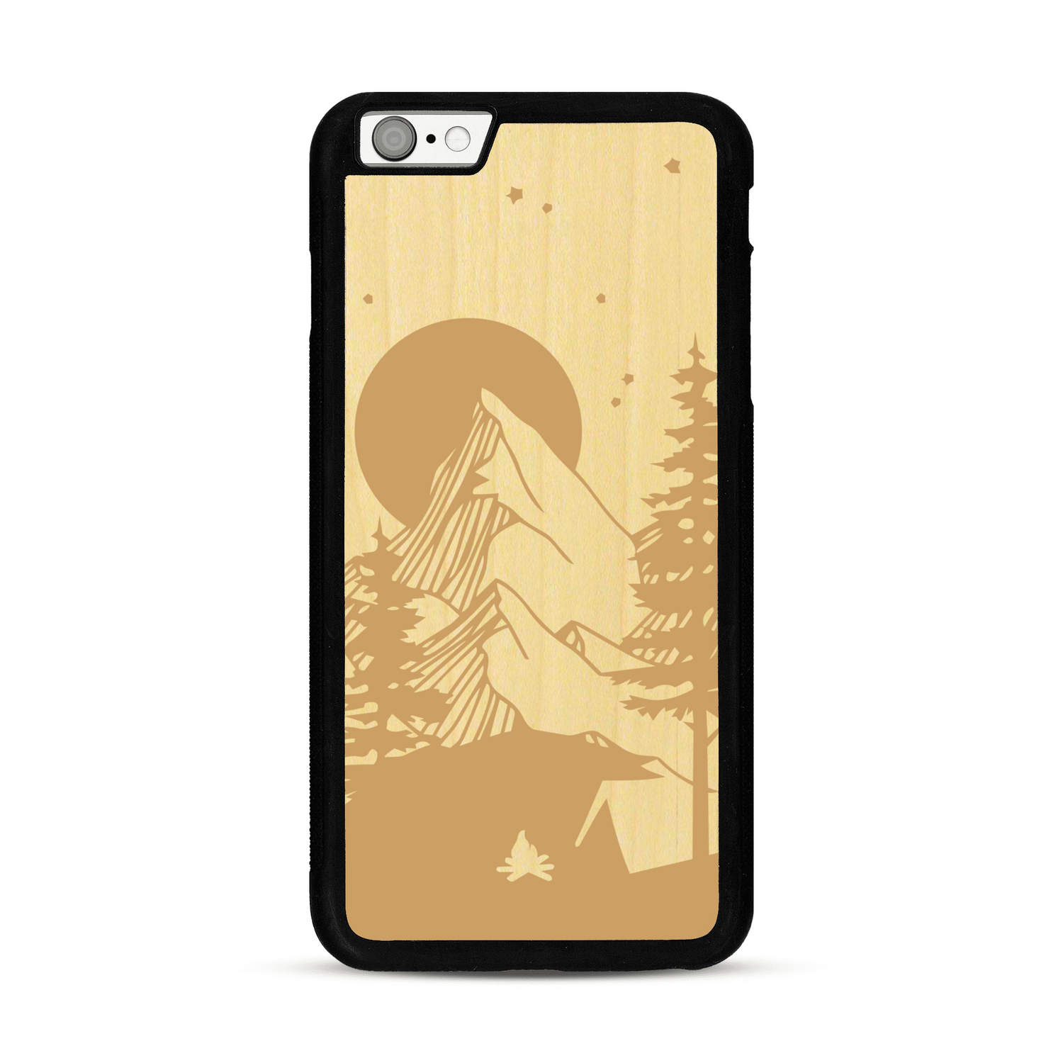 Coque de protection en bois véritable fabriquée en France pour  sur le thème du camping en pleine nature représentant une tente avec un feu de camp entouré de montagnes