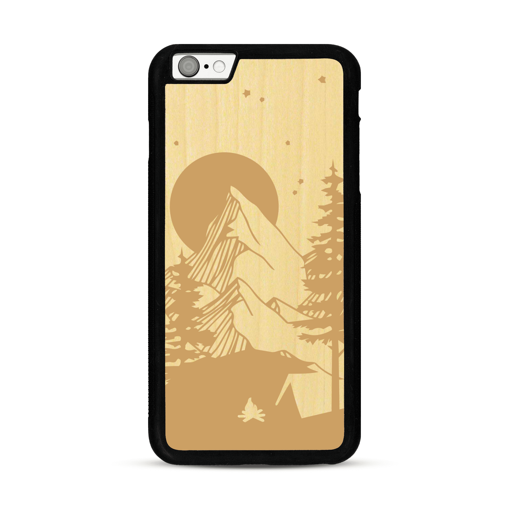 Coque de protection en bois véritable fabriquée en France pour  sur le thème du camping en pleine nature représentant une tente avec un feu de camp entouré de montagnes