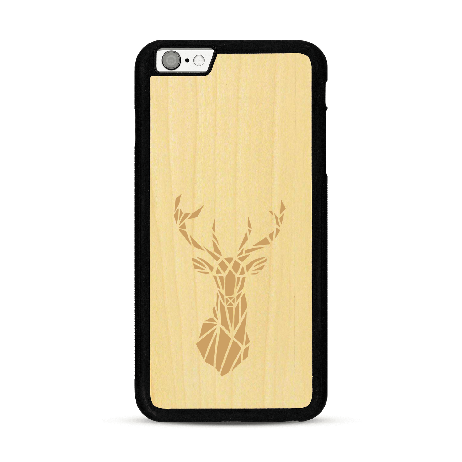 Coque de protection en bois véritable fabriquée en France pour  sur le thème de la nature et des animaux représentant une tête de cerf gométrique avec un design moderne et minimaliste
