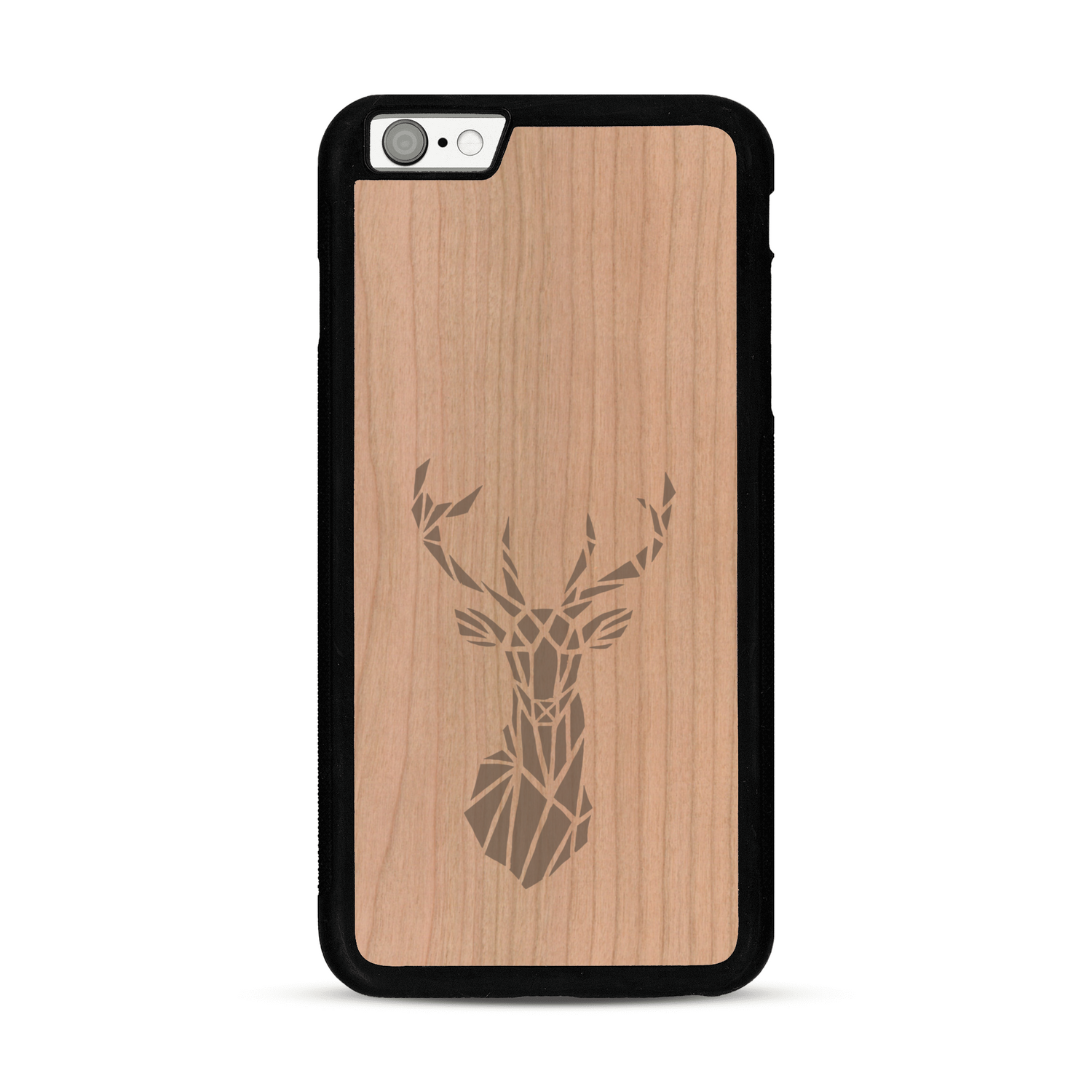 Coque de protection en bois véritable fabriquée en France pour  sur le thème de la nature et des animaux représentant une tête de cerf gométrique avec un design moderne et minimaliste