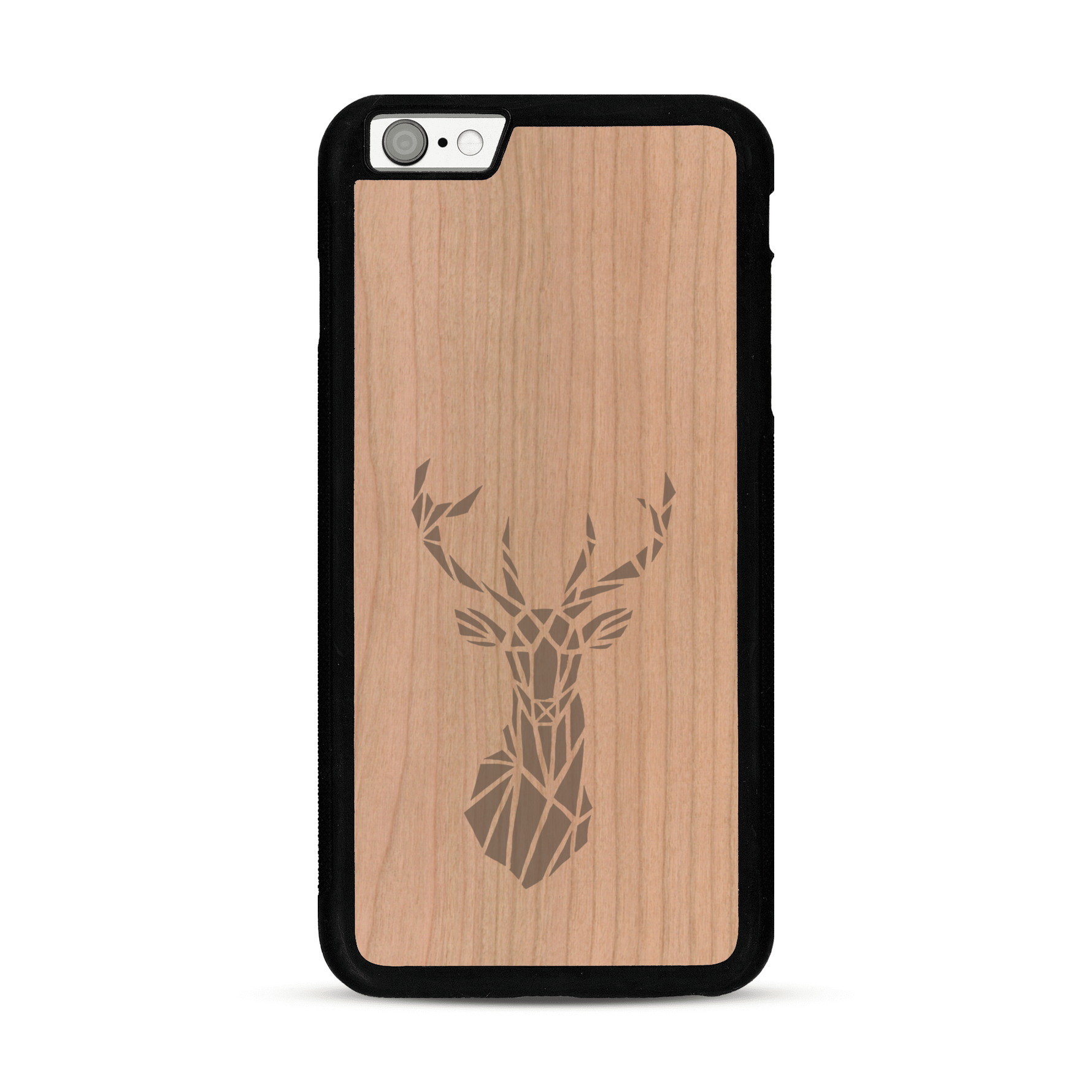 Coque de protection en bois véritable fabriquée en France pour  sur le thème de la nature et des animaux représentant une tête de cerf gométrique avec un design moderne et minimaliste