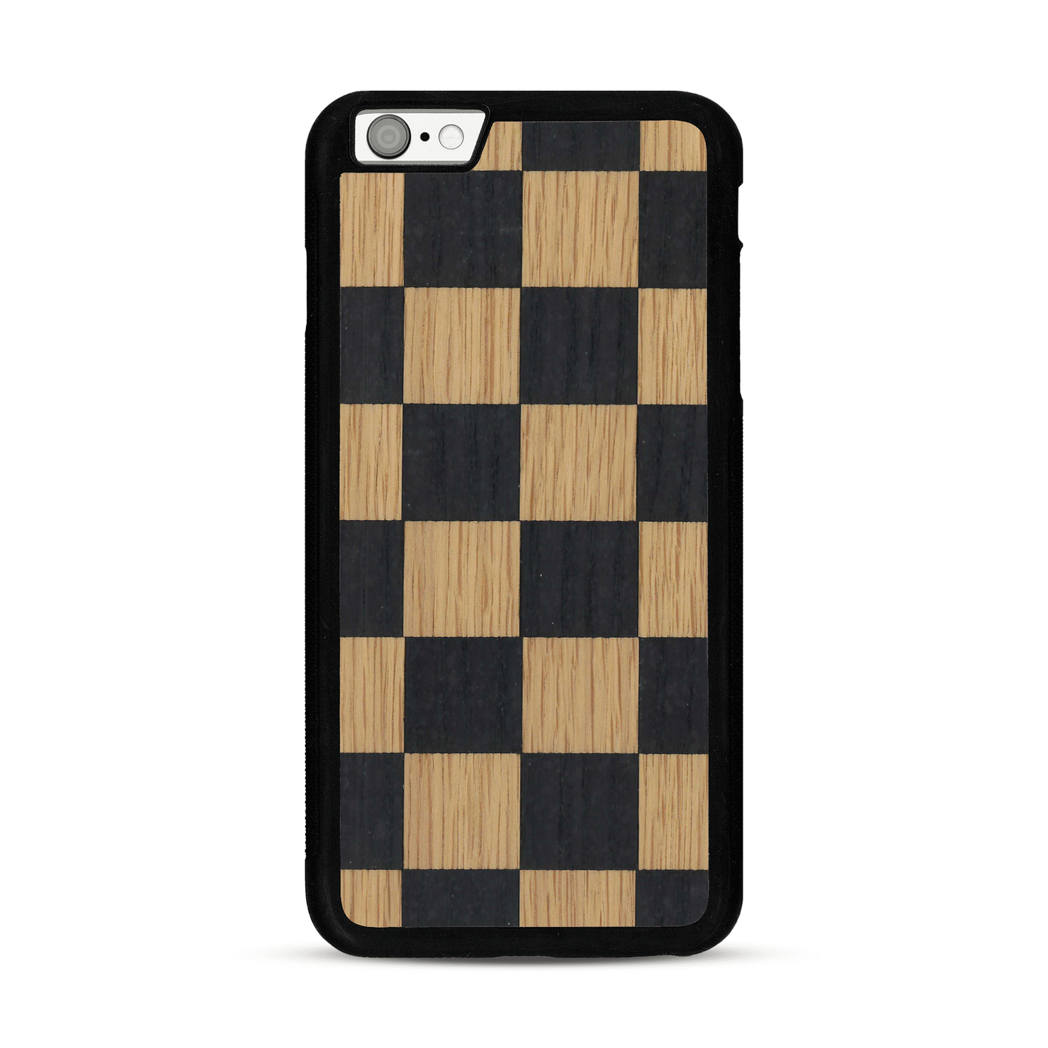 Coque de protection en bois véritable fabriquée en France pour  alliant plusieurs essences de bois pour représenter un damier