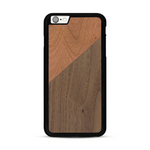 Coque de protection en bois véritable fabriquée en France pour  alliant du merisier et du noyer formant chacun un triangle avec une jointure en diagonale sur le thème de l'art abstrait