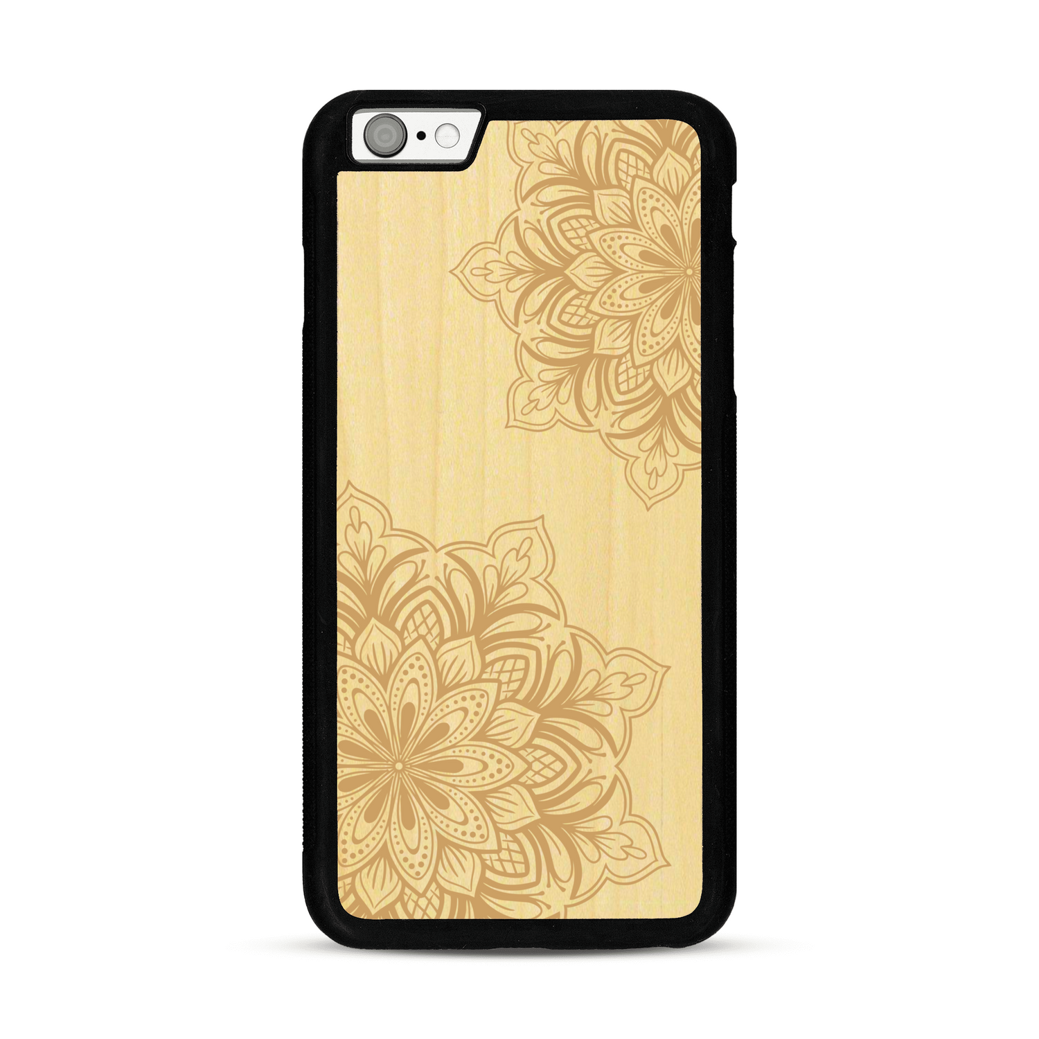 Coque de protection en bois véritable fabriquée en France pour  sur le thème de la bohème et du tatouage au henné avec une gravure représentant un mandala