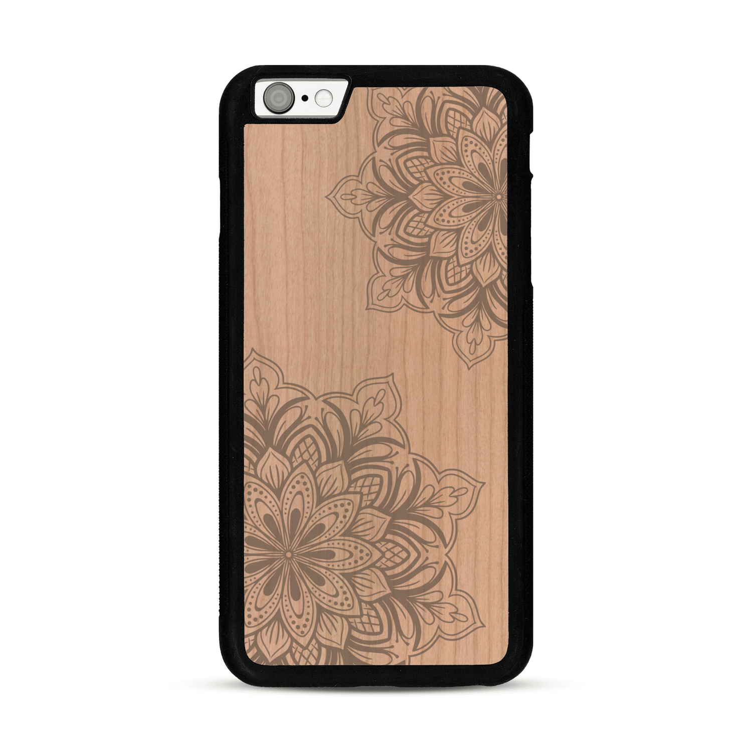 Coque de protection en bois véritable fabriquée en France pour  sur le thème de la bohème et du tatouage au henné avec une gravure représentant un mandala