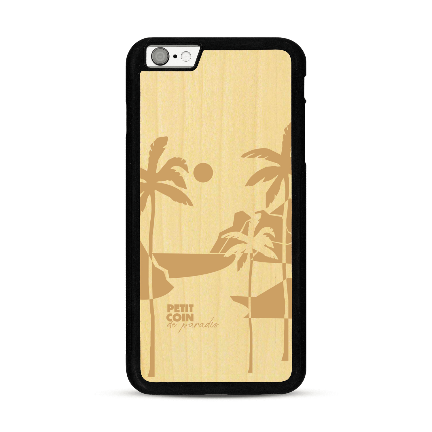 Coque de protection en bois véritable fabriquée en France pour  sur le thème des voyages en vans, vanlife et chill avec une gravure représentant un van vw combi devant le soleil couchant sur une plage avec des vagues