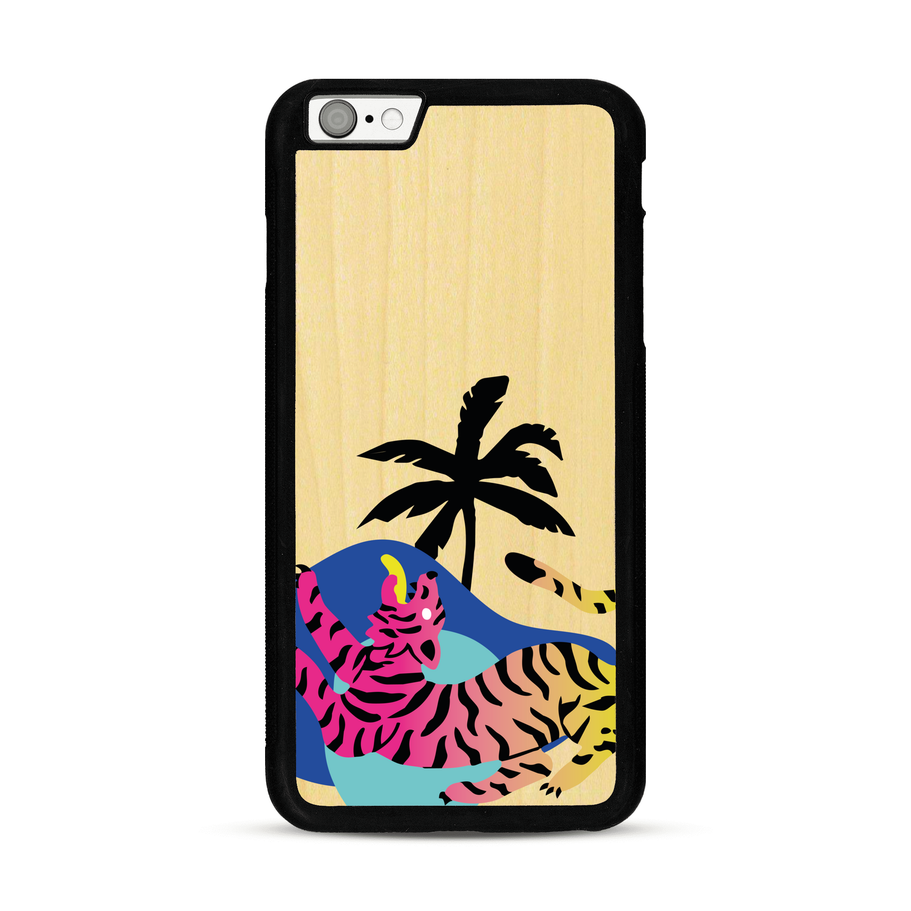 Coque de protection en bois véritable fabriquée en France pour iPhone 6 Plus / 6s Plus représentant un tigre coloré avec un design moderne et minimaliste sur le thème de la jungle et de la nature