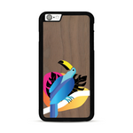 Coque de protection en bois véritable fabriquée en France pour iPhone 6 Plus / 6s Plus représentant un toucan coloré avec un design moderne et minimaliste sur le thème de la jungle et de la nature