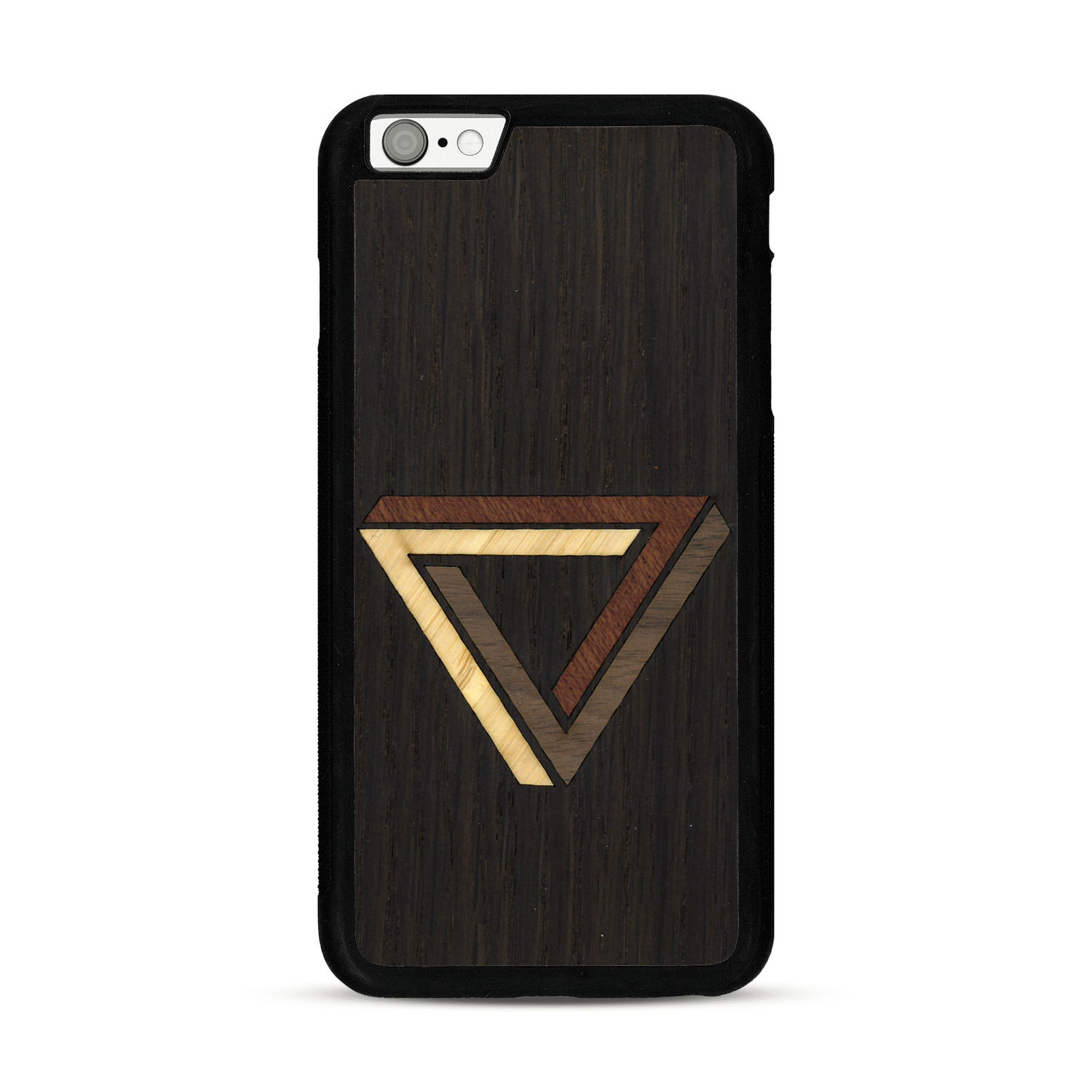 Coque de protection en bois véritable fabriquée en France pour  sur le thème de l'art géométrique qui allie du chêne fumé, du noyer, du bambou et du padouk représentant le triangle de penrose