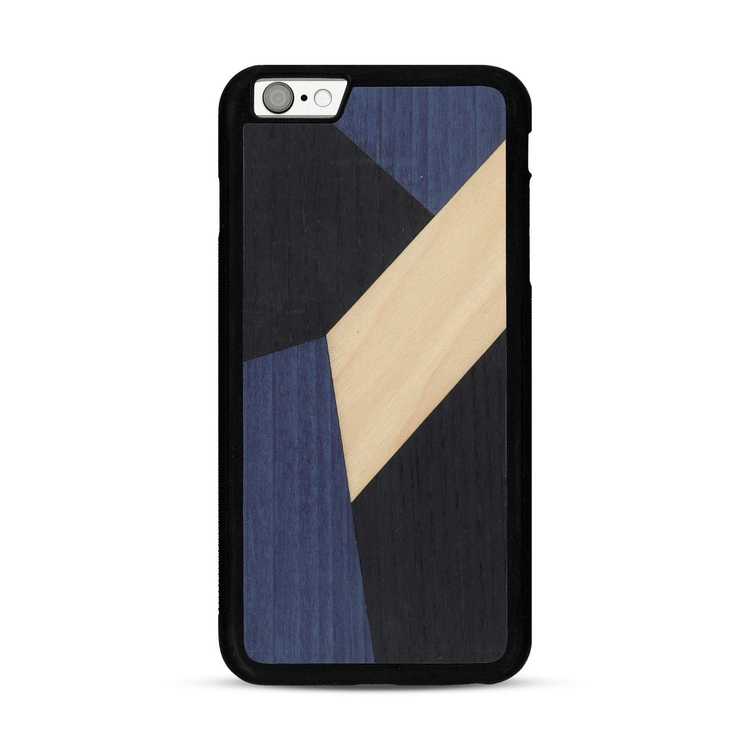 Coque de protection en bois véritable fabriquée en France pour  alliant du bambou, du tulipier bleu et noir en forme de mosaïque minimaliste sur le thème de l'art abstrait