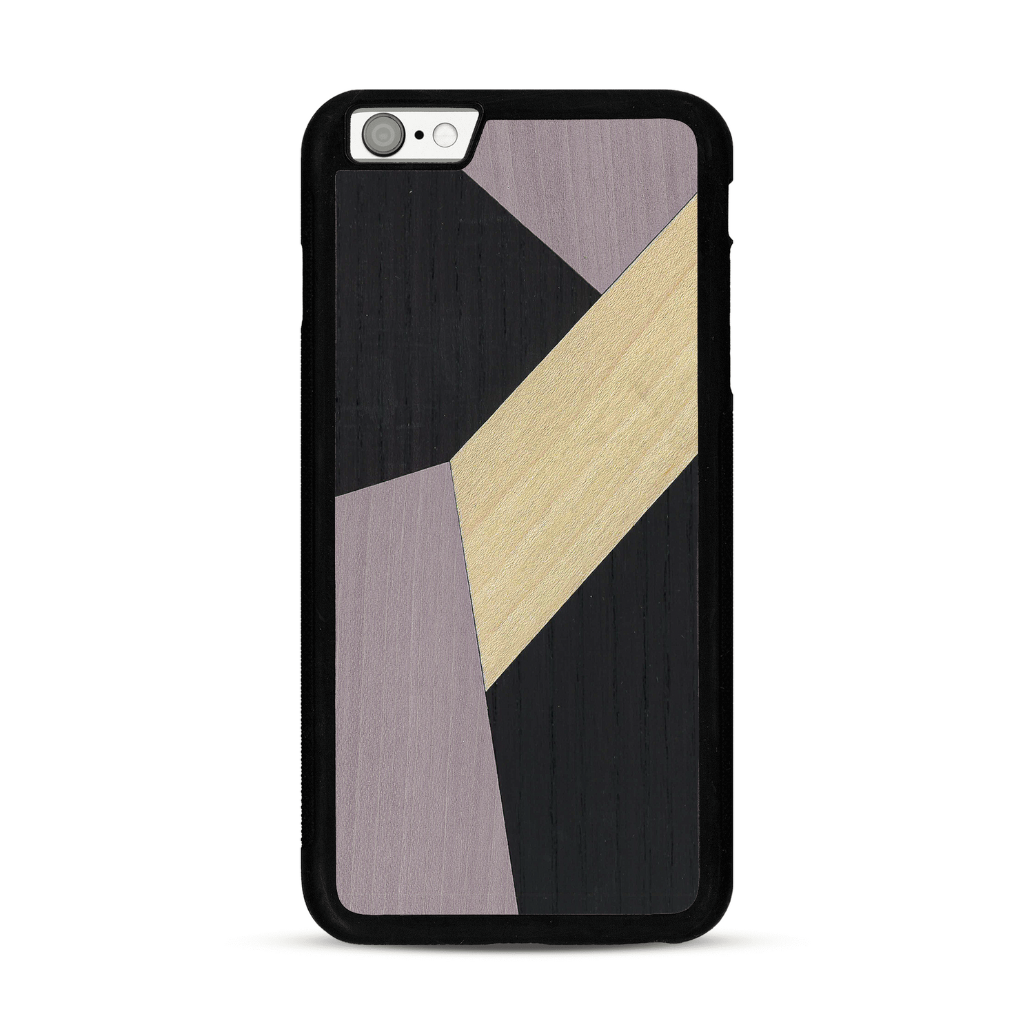 Coque de protection en bois véritable fabriquée en France pour  alliant du bambou, du tulipier mauve et noir en forme de mosaïque minimaliste sur le thème de l'art abstrait