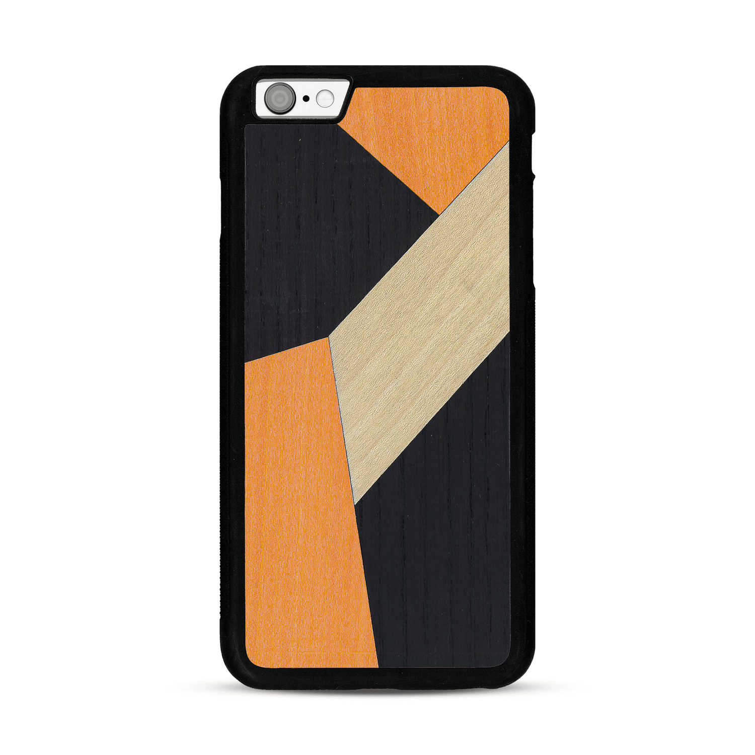 Coque de protection en bois véritable fabriquée en France pour  alliant du bambou, du tulipier orange et noir en forme de mosaïque minimaliste sur le thème de l'art abstrait