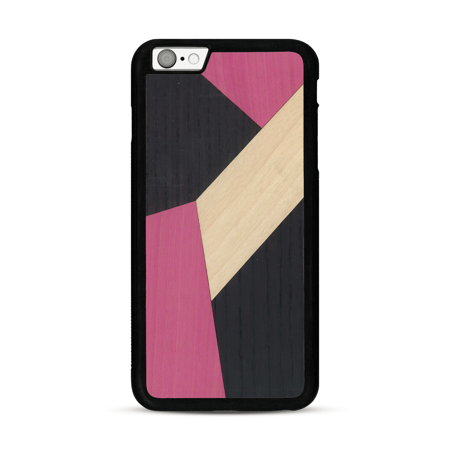 Coque de protection en bois véritable fabriquée en France pour  alliant du bambou, du tulipier rose et noir en forme de mosaïque minimaliste sur le thème de l'art abstrait