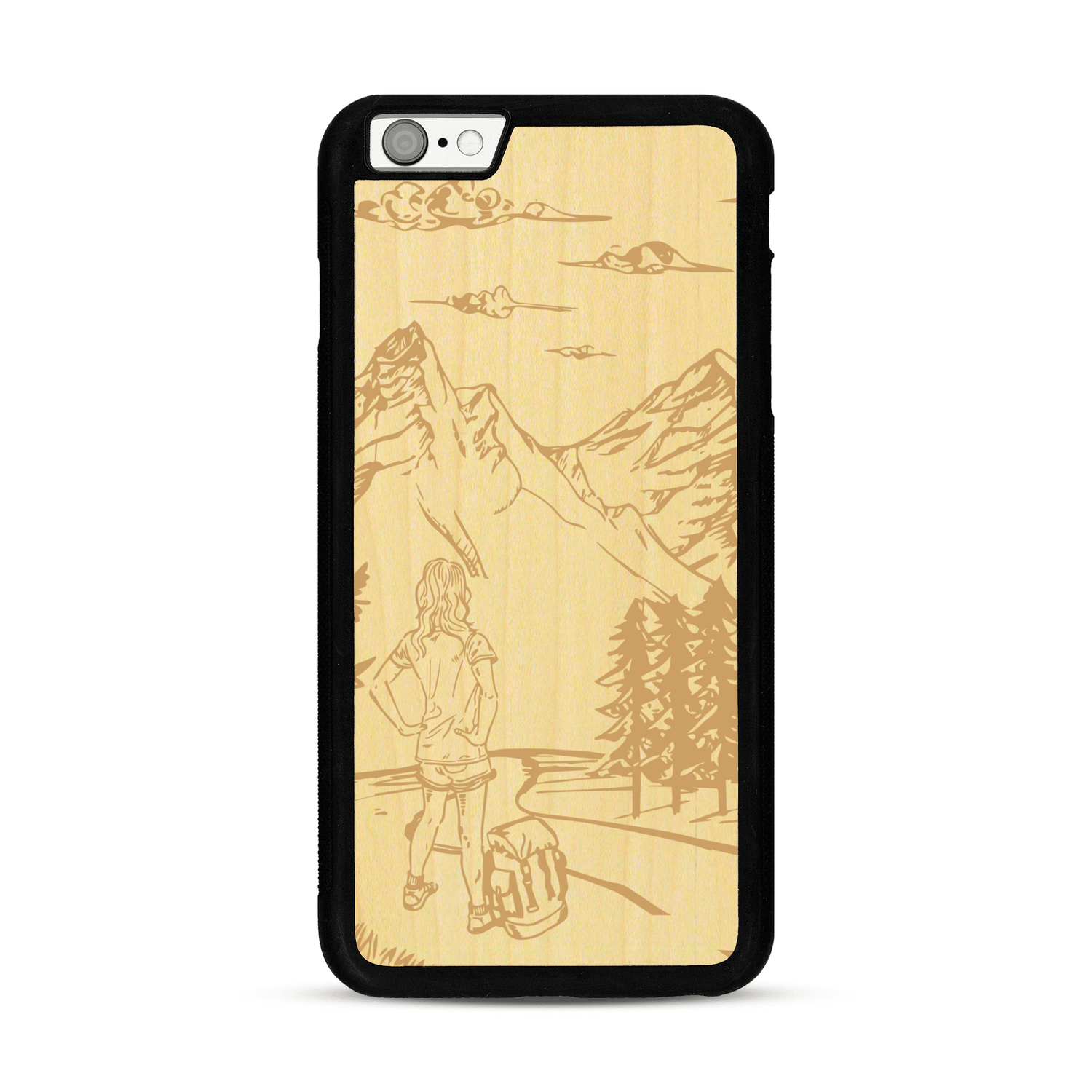 Coque de protection en bois véritable fabriquée en France pour  sur le thème de la randonnée en montagne et de l'aventure avec une gravure représentant une femme de dos face à un paysage de nature