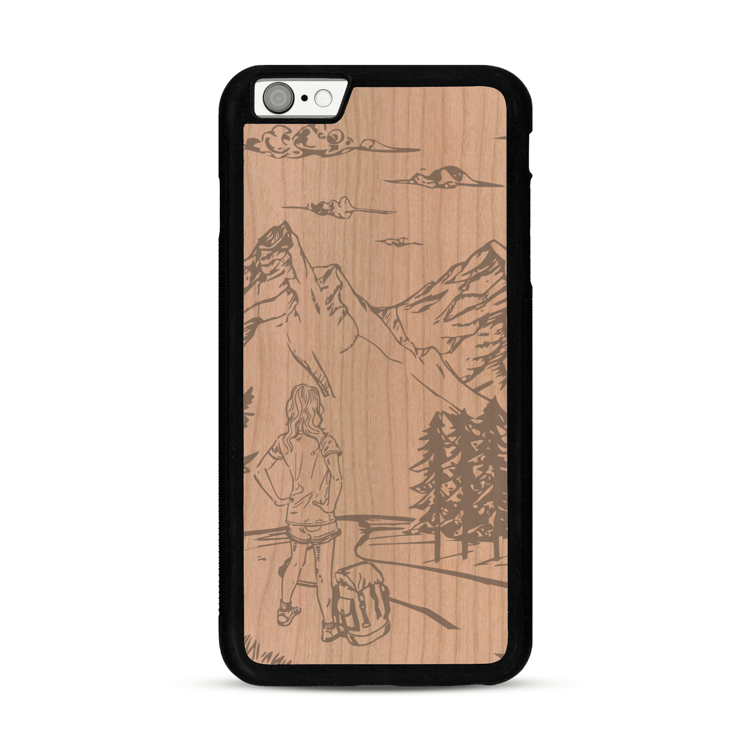 Coque de protection en bois véritable fabriquée en France pour  sur le thème de la randonnée en montagne et de l'aventure avec une gravure représentant une femme de dos face à un paysage de nature