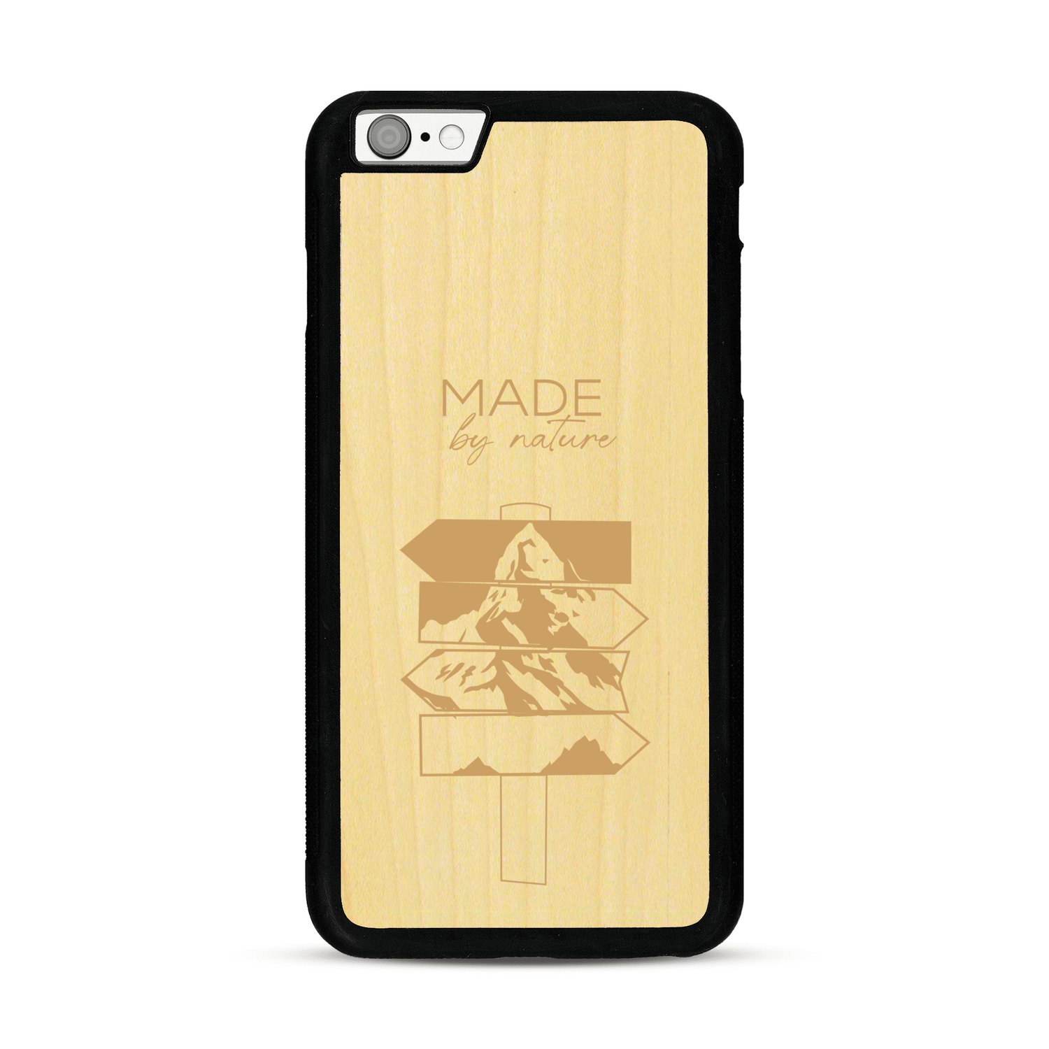 Coque de protection en bois véritable fabriquée en France pour  sur le thème de la nature et des arbres avec une gravure représentant une pomme de pin et la phrase "made by nature"