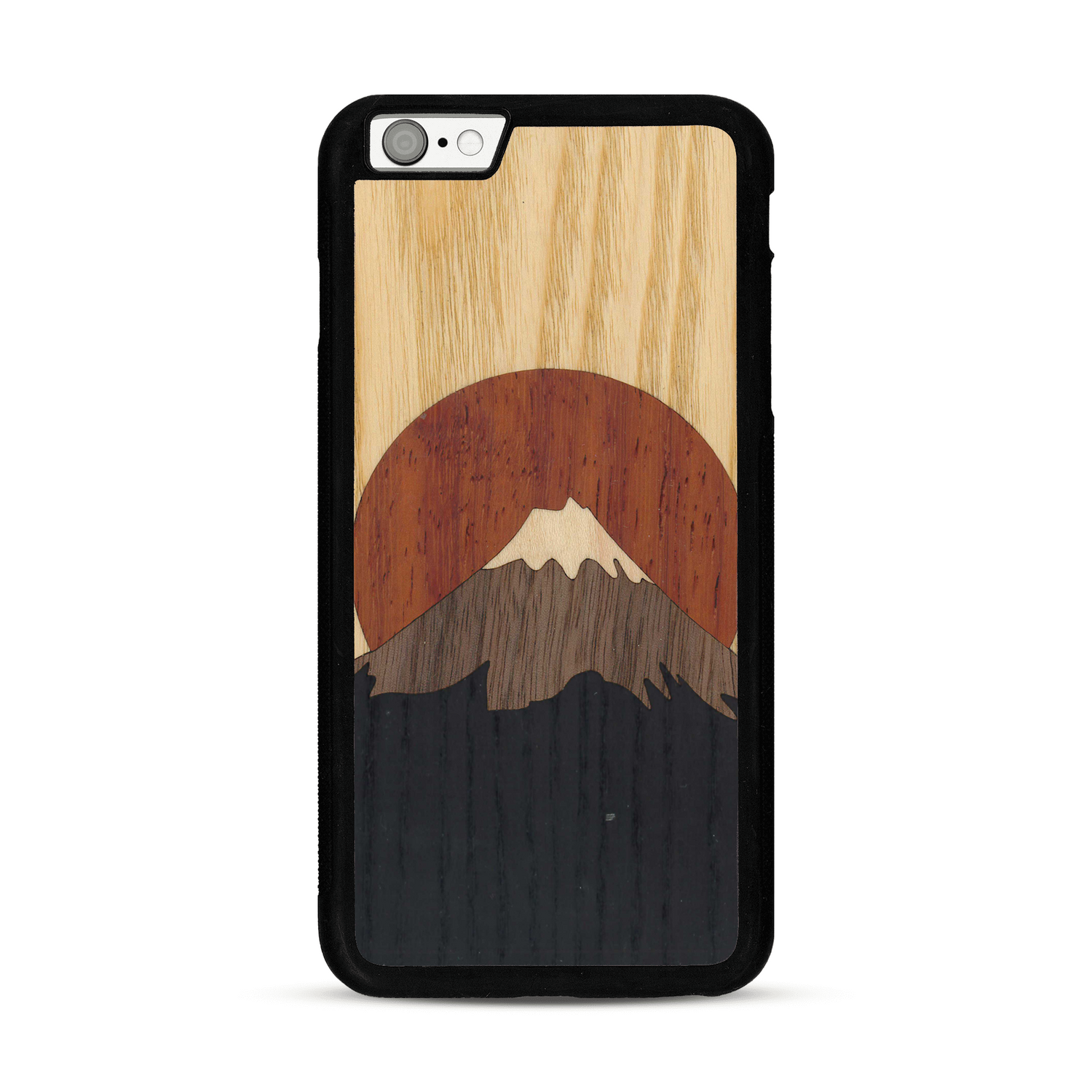 Coque de protection en bois véritable fabriquée en France pour  alliant plusieurs essences de bois pour représenter le mont Fuji