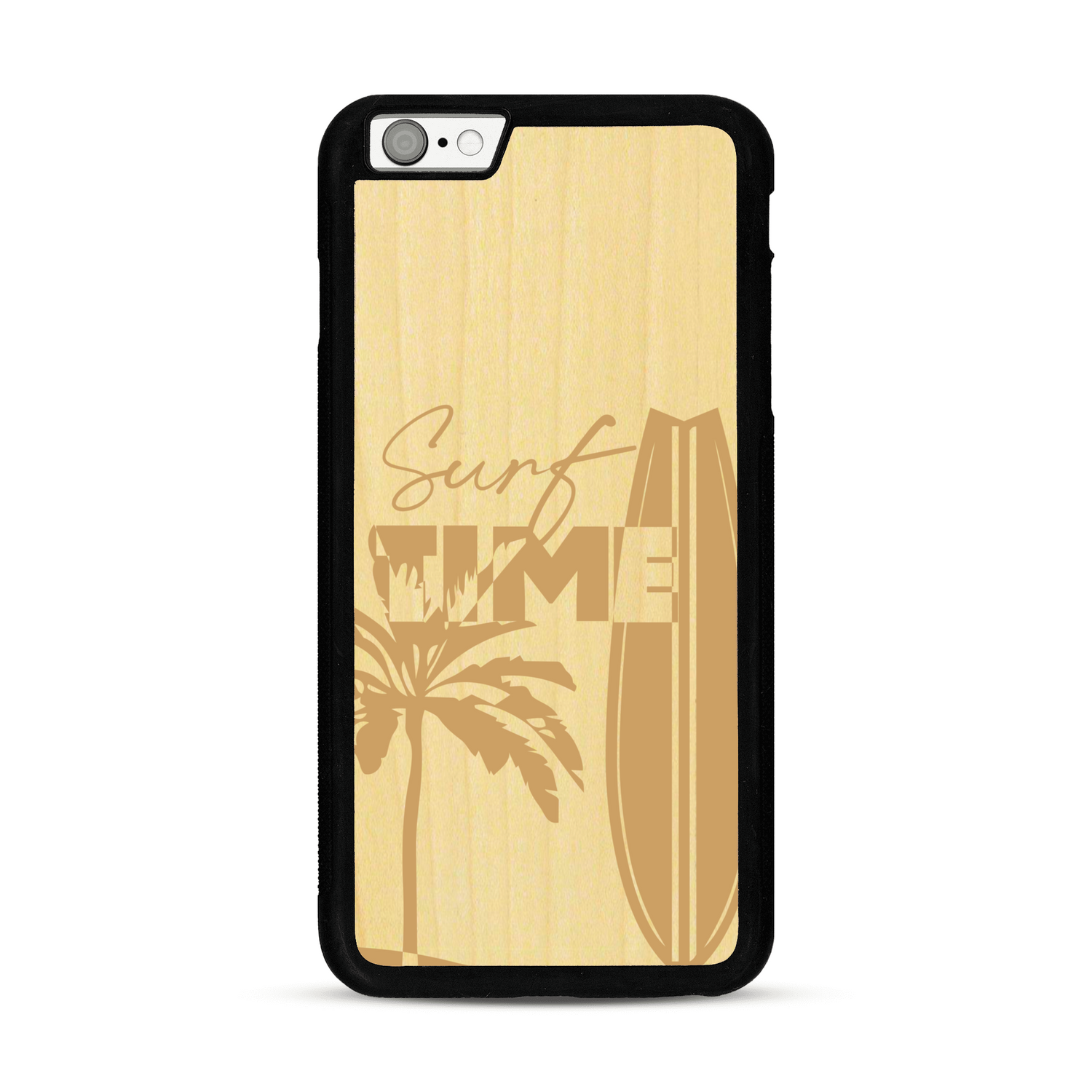 Coque de protection en bois véritable fabriquée en France pour  sur le thème chill avec un motif représentant une silouhette tenant une planche de surf sur une plage entouré de palmiers et les mots "Surf Time Long Beach Miami"