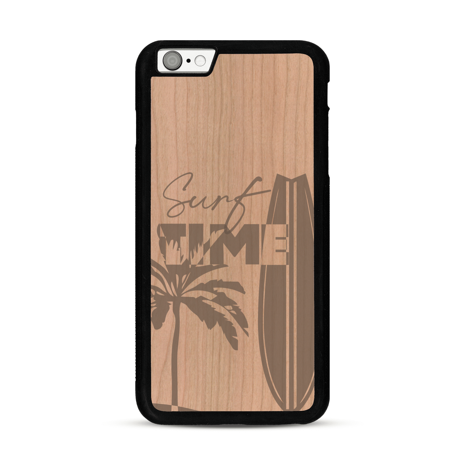 Coque de protection en bois véritable fabriquée en France pour  sur le thème chill avec un motif représentant une silouhette tenant une planche de surf sur une plage entouré de palmiers et les mots "Surf Time Long Beach Miami"