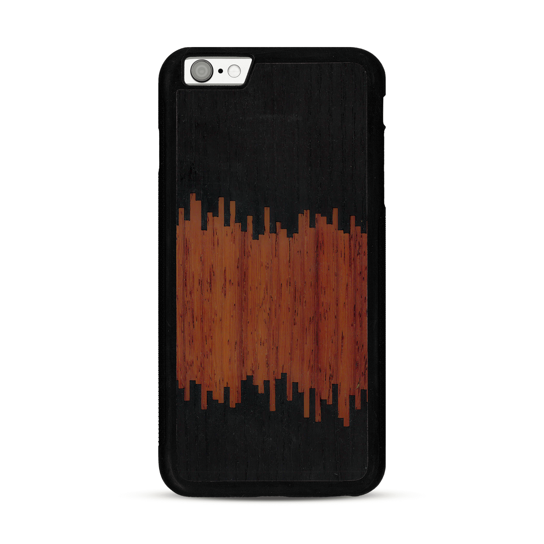 Coque de protection en bois véritable fabriquée en France pour  alliant plusieurs essences de bois pour représenter du magma en fusion