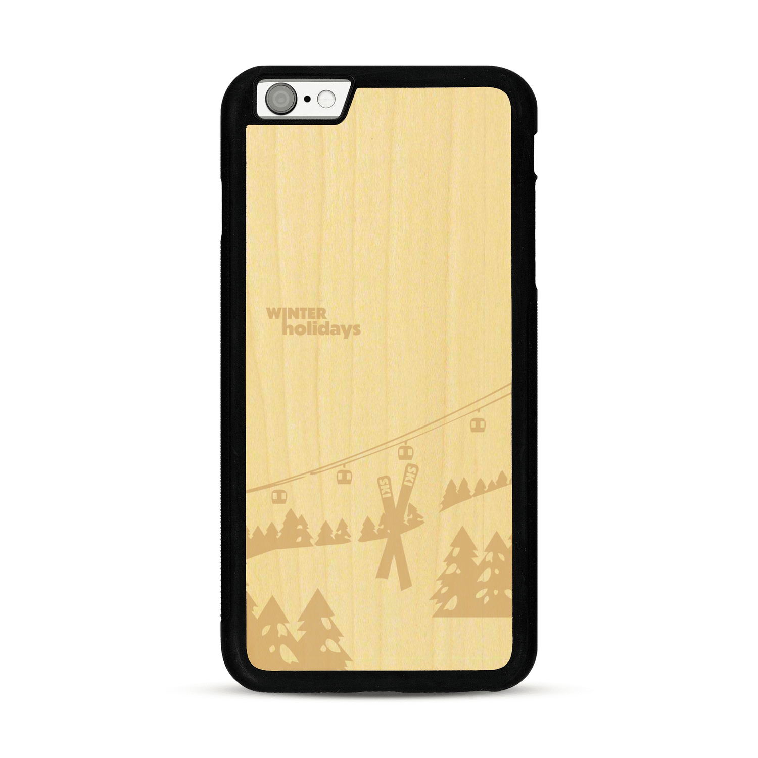 Coque de protection en bois véritable fabriquée en France pour  sur le thème de la montagne, du ski et de la neige avec un motif représentant une paire de ski plantée dans la neige avec en fond des montagnes enneigées