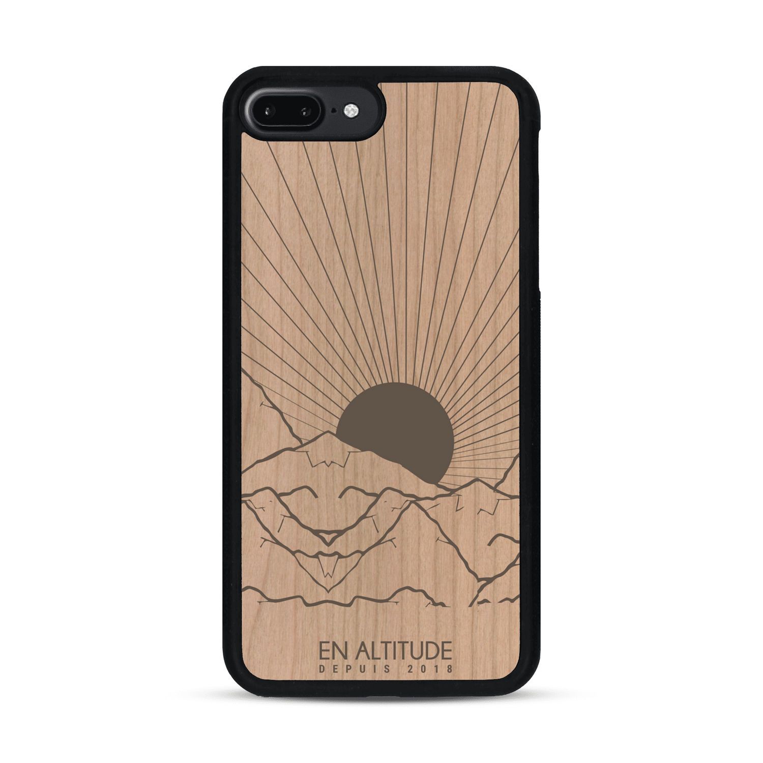 Coque de protection en bois véritable fabriquée en France pour  représentant des montagnes, sur le thème de la randonnée en pleine nature et du trail