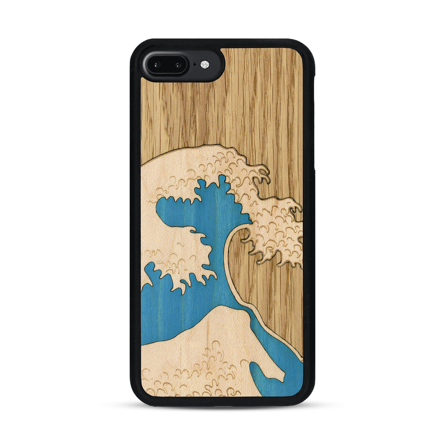 Coque de protection en bois véritable fabriquée en France pour  alliant plusieurs essences de bois pour représenter la célèbre grande vague de Kanagawa