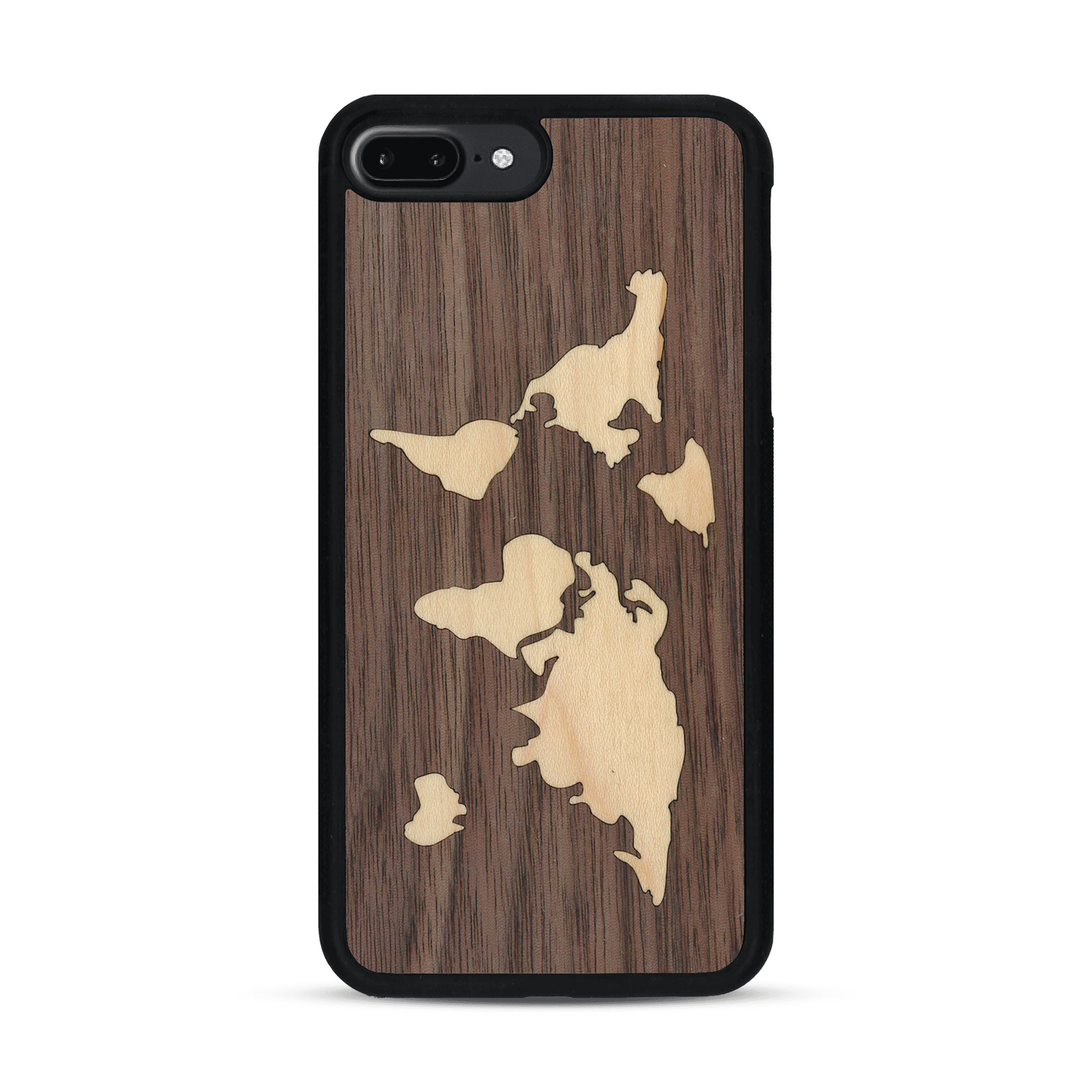Coque de protection en bois véritable fabriquée en France pour  alliant du bambou et du noyer sur le thème du voyage et de l'aventure représentant une mappemonde