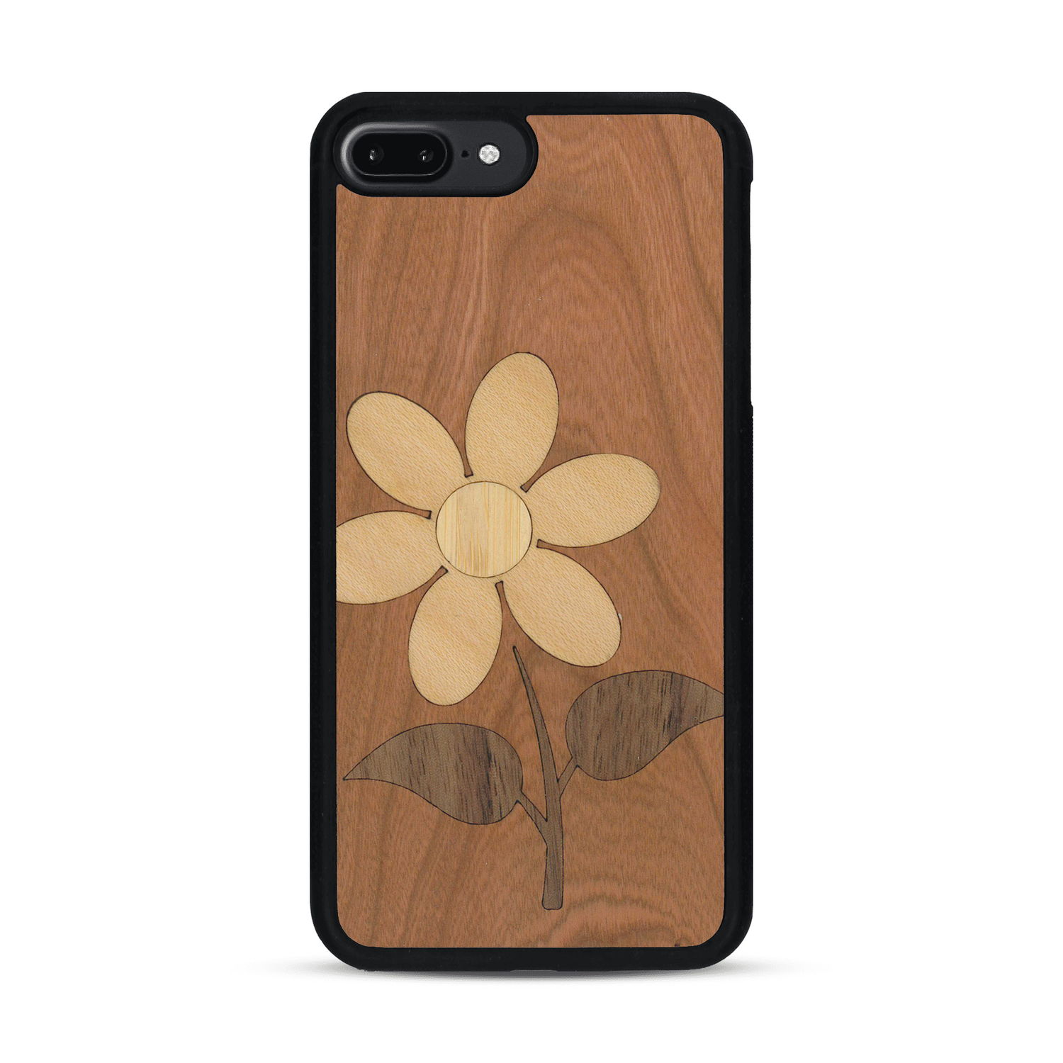 Coque de protection en bois véritable fabriquée en France pour  alliant plusieurs essences de bois pour représenter une marguerite