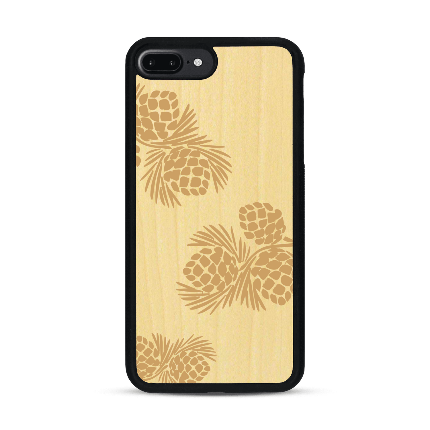Coque de protection en bois véritable fabriquée en France pour  sur le thème de la nature des arbres avec un motif de gravure représentant des épines de sapin et des pommes de pin