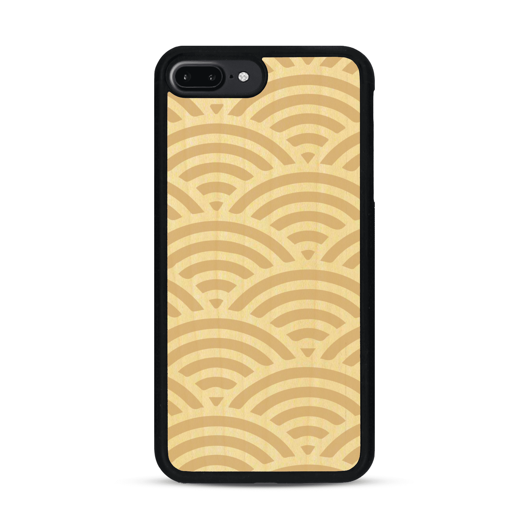 Coque de protection en bois véritable fabriquée en France pour  baptisée "La Sinjak" avec un motif de gravure abstrait représentant la répétition d'un symbole wifi