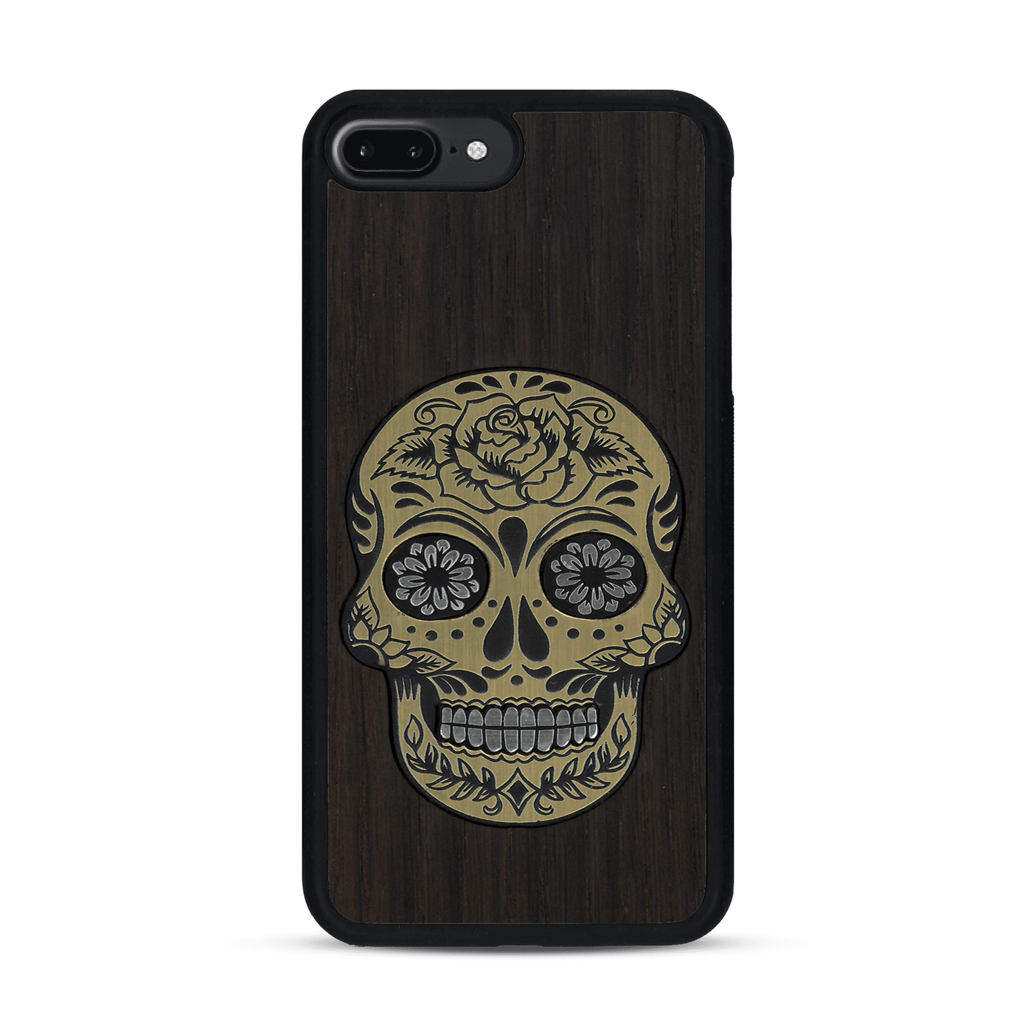Coque de protection en bois véritable fabriquée en France pour  alliant du chêne fumé avec du métal argenté et doré représentant une tête de mort mexicaine sur le thème Dia de los Muertos