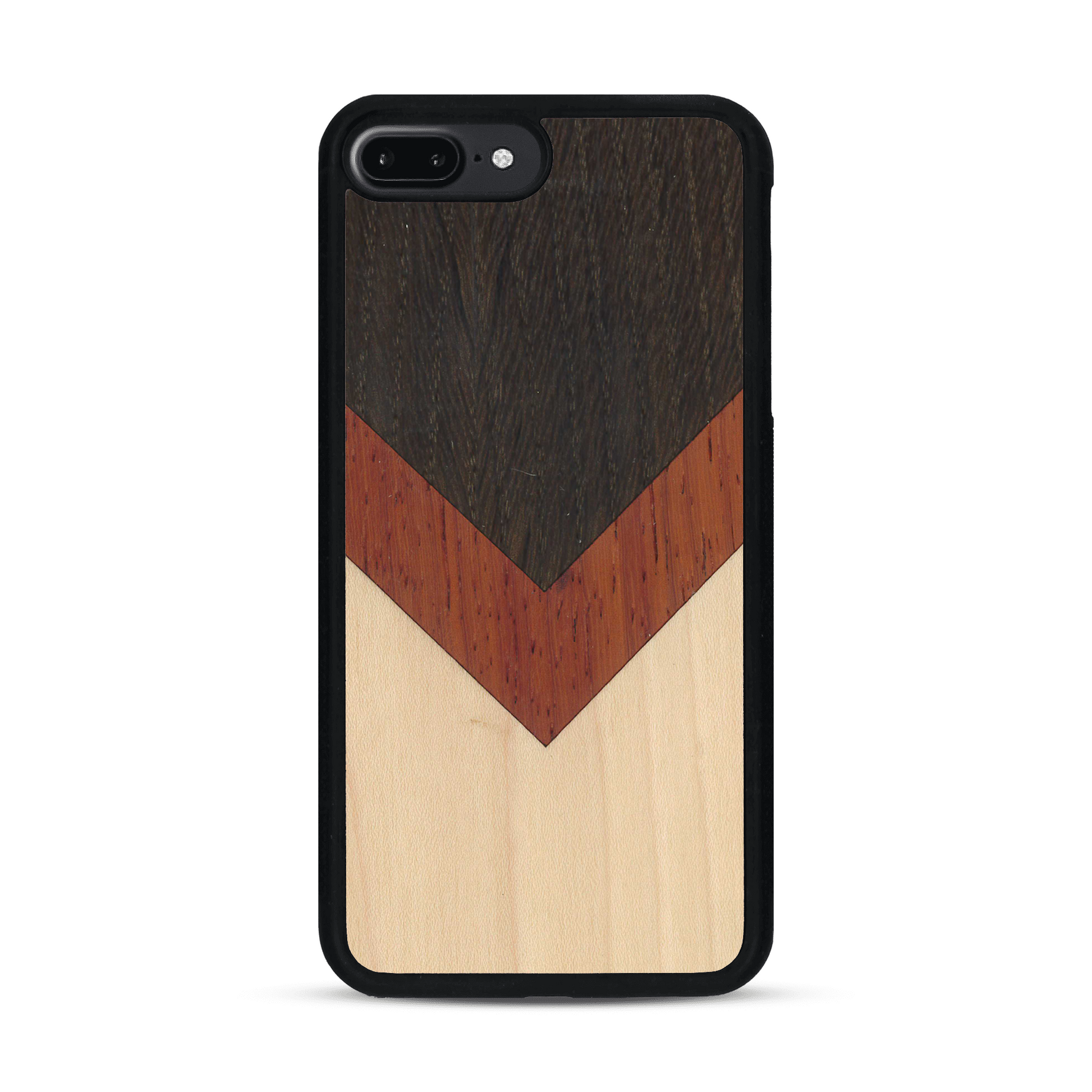 Coque de protection en bois véritable fabriquée en France pour  alliant du chêne fumé, du padouk et du bambou en forme de chevron sur le thème de l'art abstrait