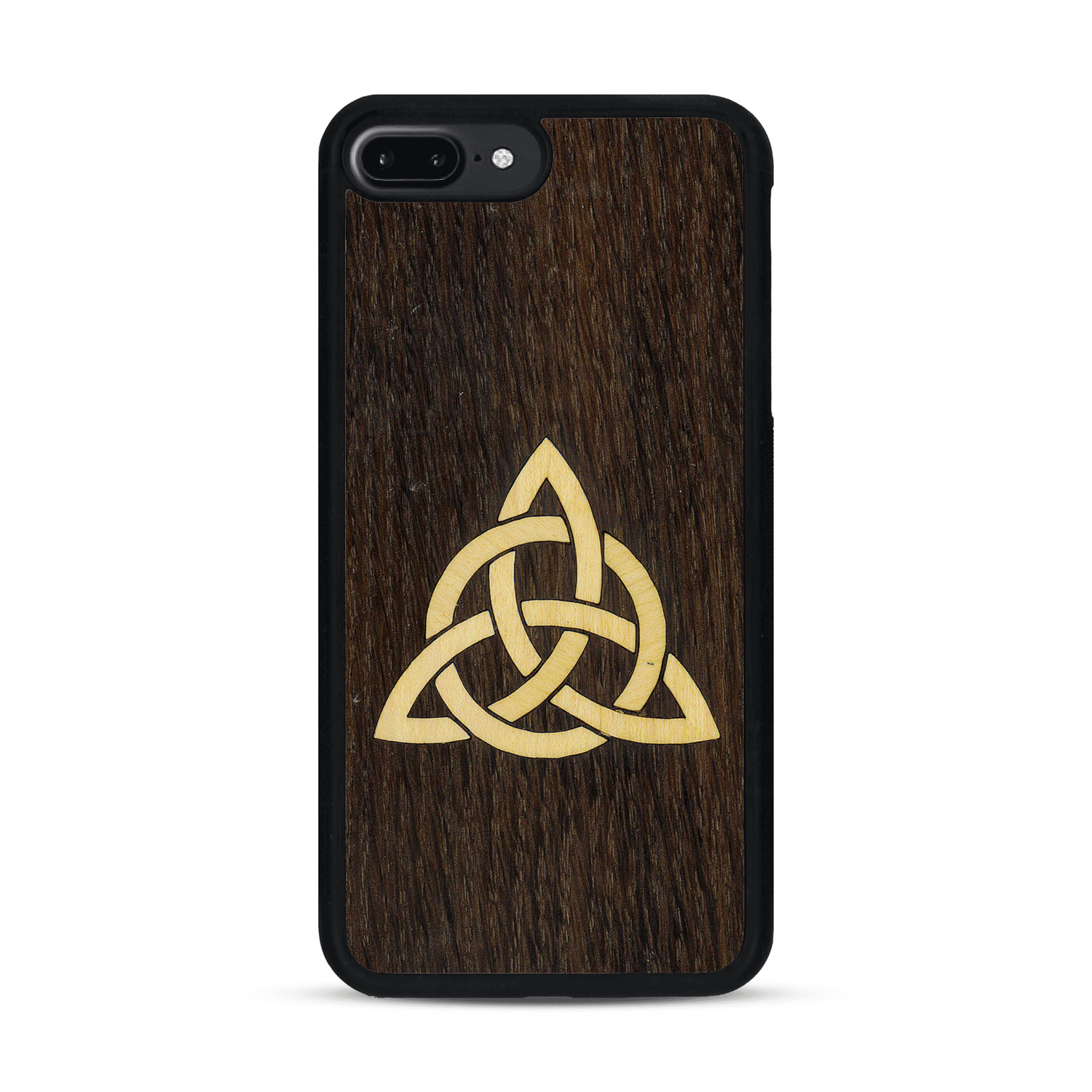 Coque de protection en bois véritable fabriquée en France pour  alliant du chêne fumé et du bambou représentant une triquetra