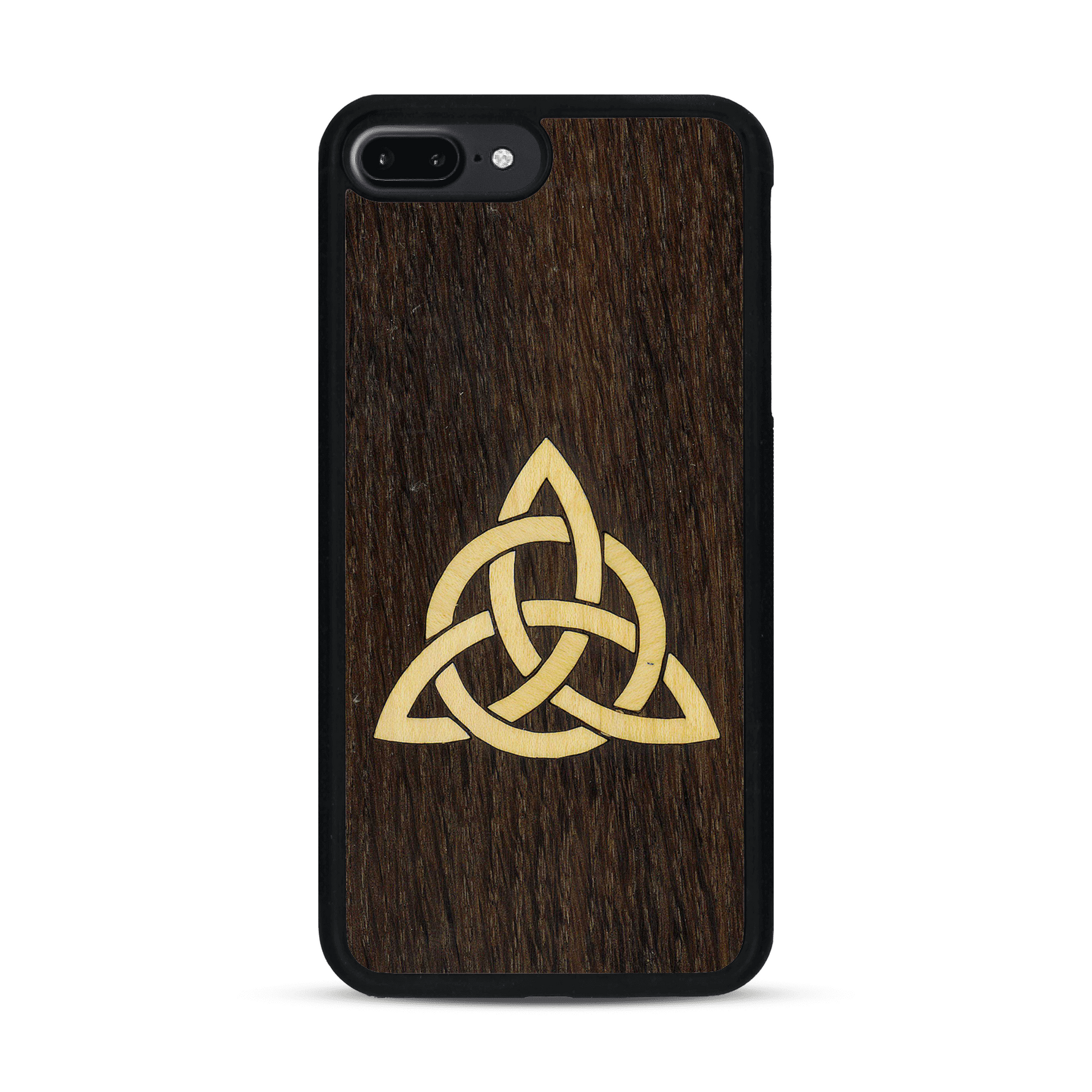 Coque de protection en bois véritable fabriquée en France pour  alliant du chêne fumé et du bambou représentant une triquetra